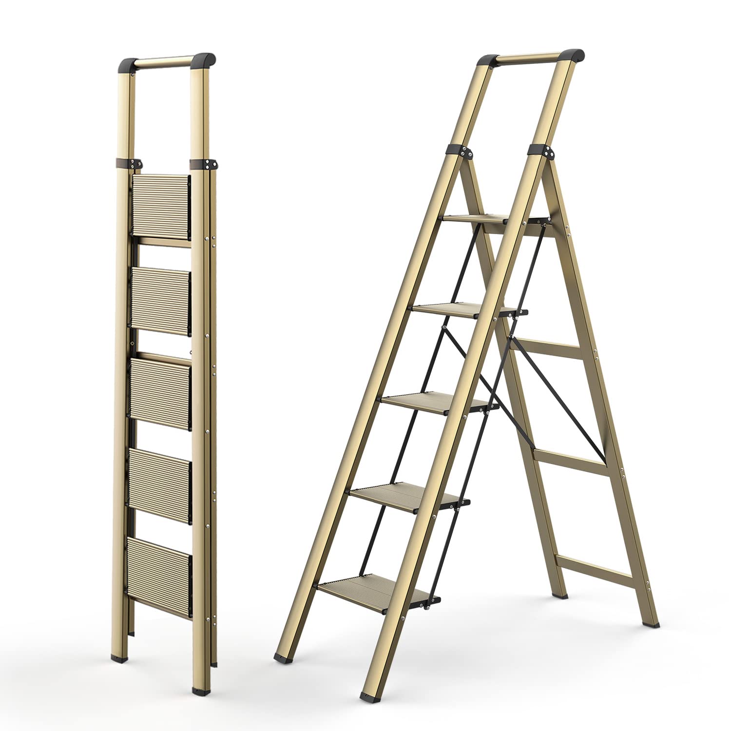 WOA WOA 5 Step Ladder, Ladders for Home, Anti-Slip Pedals, Aluminum Step Stool Foldable, Lightweight to Move, Ease of Storage, Reach 10ft for Closet Kitchen Library, Hold 300lbs - Gold
