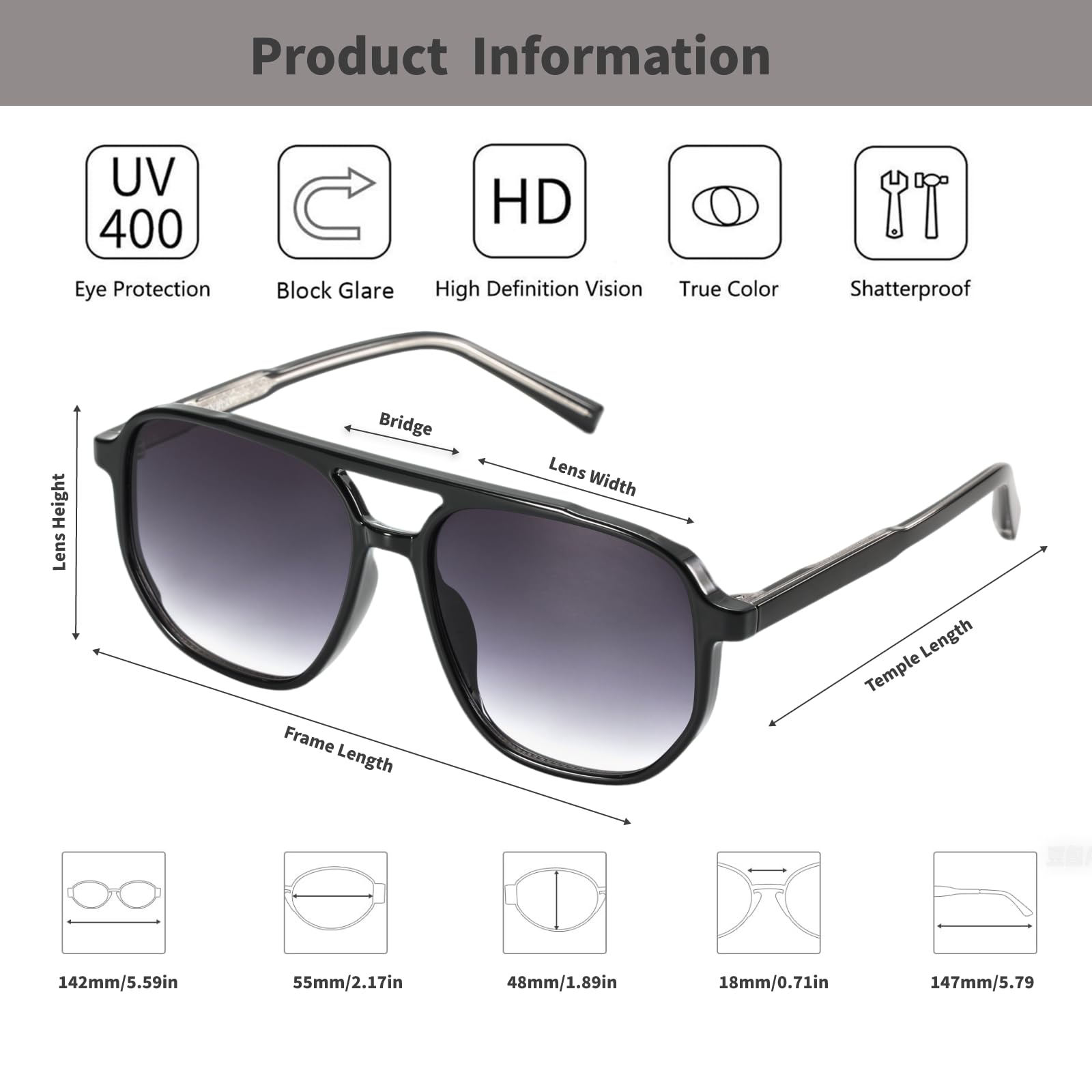 hnbliv Retro Aviator Sunglasses for Women & Men Lightweight Square Shade UV400 Protection Unisex Black Frame