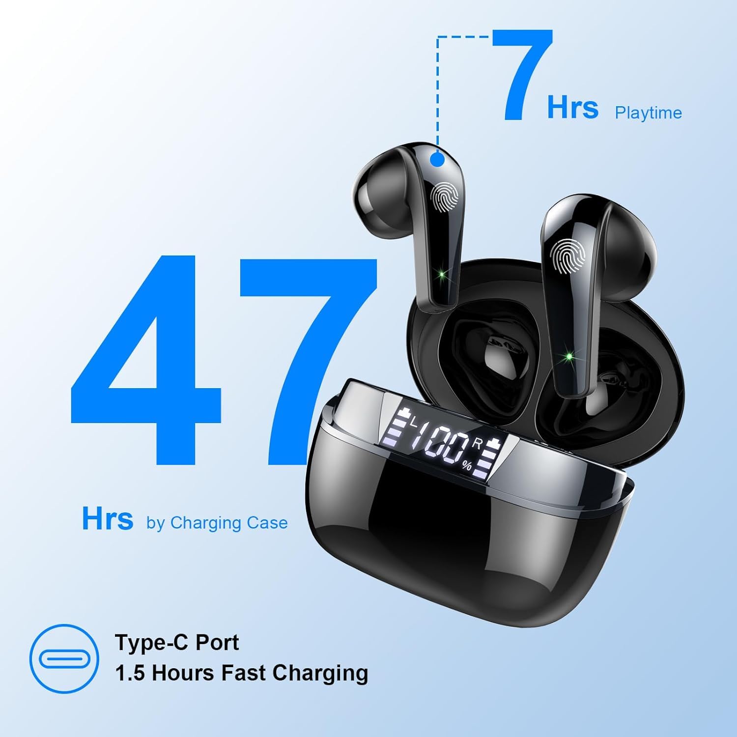 Ear Buds Wireless Bluetooth 5.3 Earbuds with HiFi Stereo, 47H in Ear Wireless Earphones with 4 ENC Noise Cancelling Microphones, Dual LED Display Wireless Earbuds IPX7 Waterproof for Home, Black