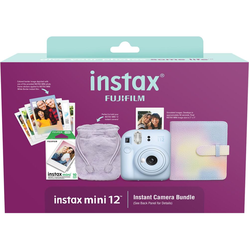 Fujifilm INSTAX MINI 12 Instant Film Holiday Camera Bundle (Pastel Blue) with Instax Mini Film (10 exposures) + Four AA Batteries & Cleaning Cloth (9 Items)