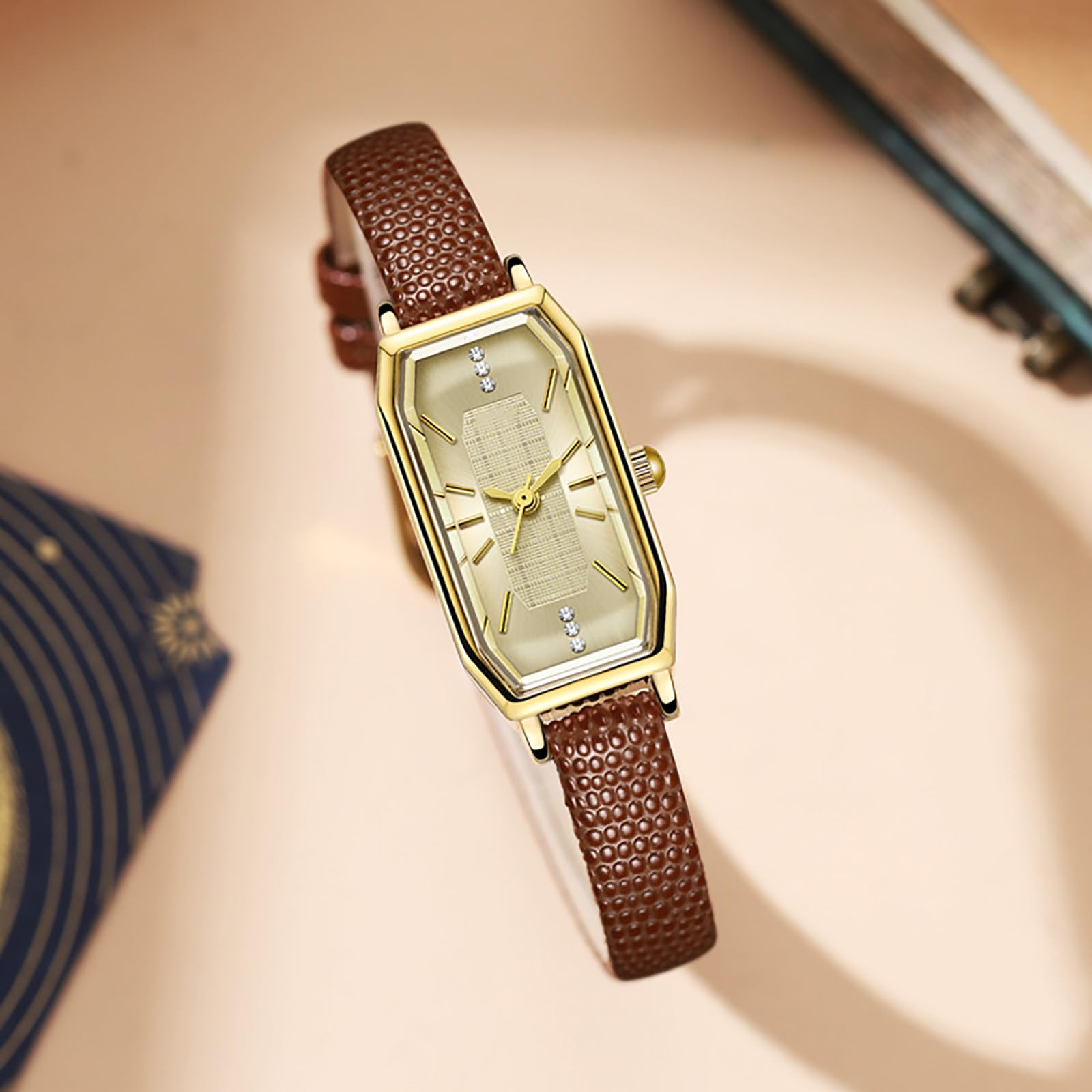 BESTKANG Vintage Dainty Watches for Women Rhinestone Rectangular Waterproof Ladies' Watch Leather Band Analog Quartz Women's Watch (Brown Gold)