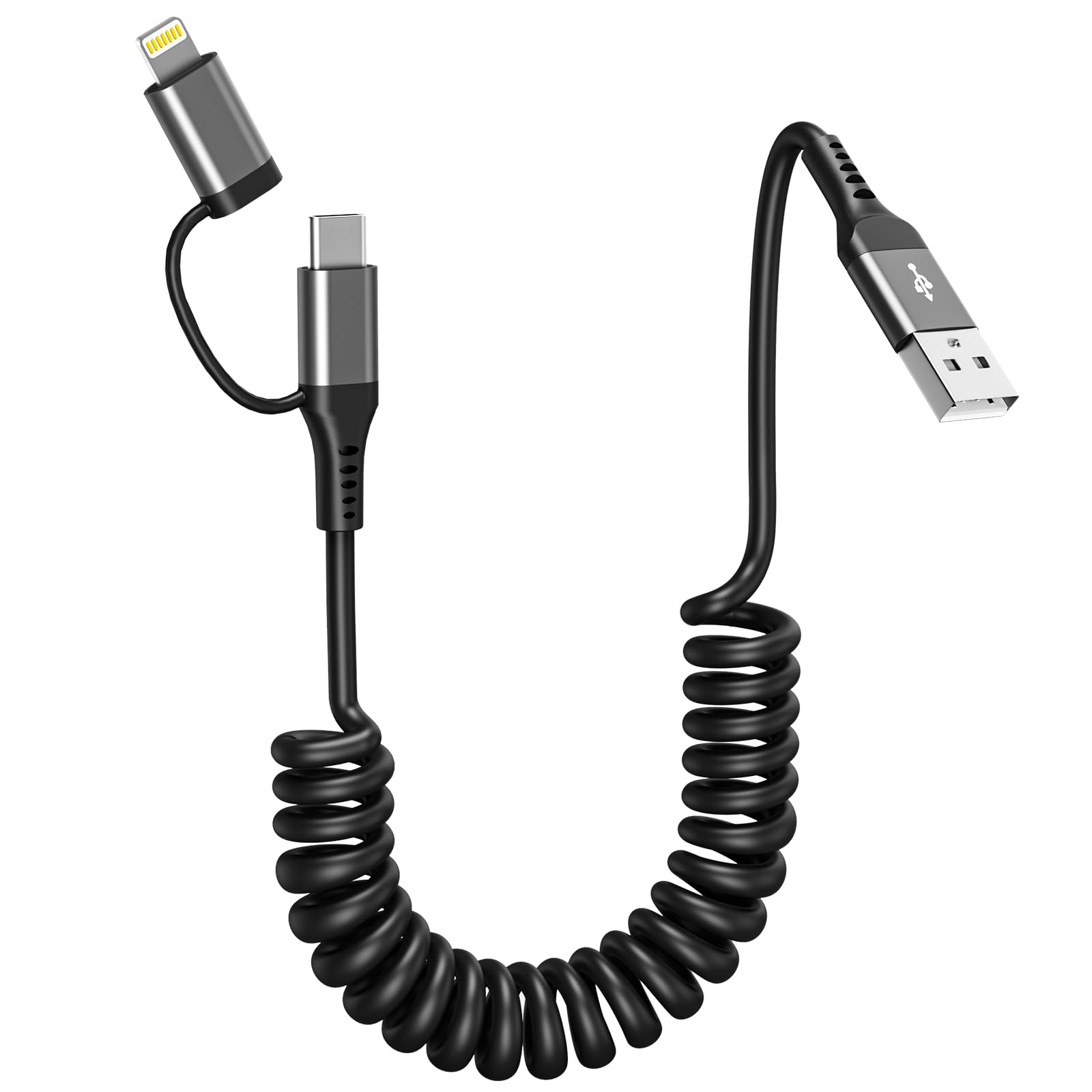 USB to USB-C and Lightning Cable, 2 in 1 Coiled iPhone Charger Cable Apple Carplay & Android Auto, [3A Fast Charge & Data Sync] Lightning and USB C Cable Cord Combo for iPhone 16/15/14/13/iPad/Android