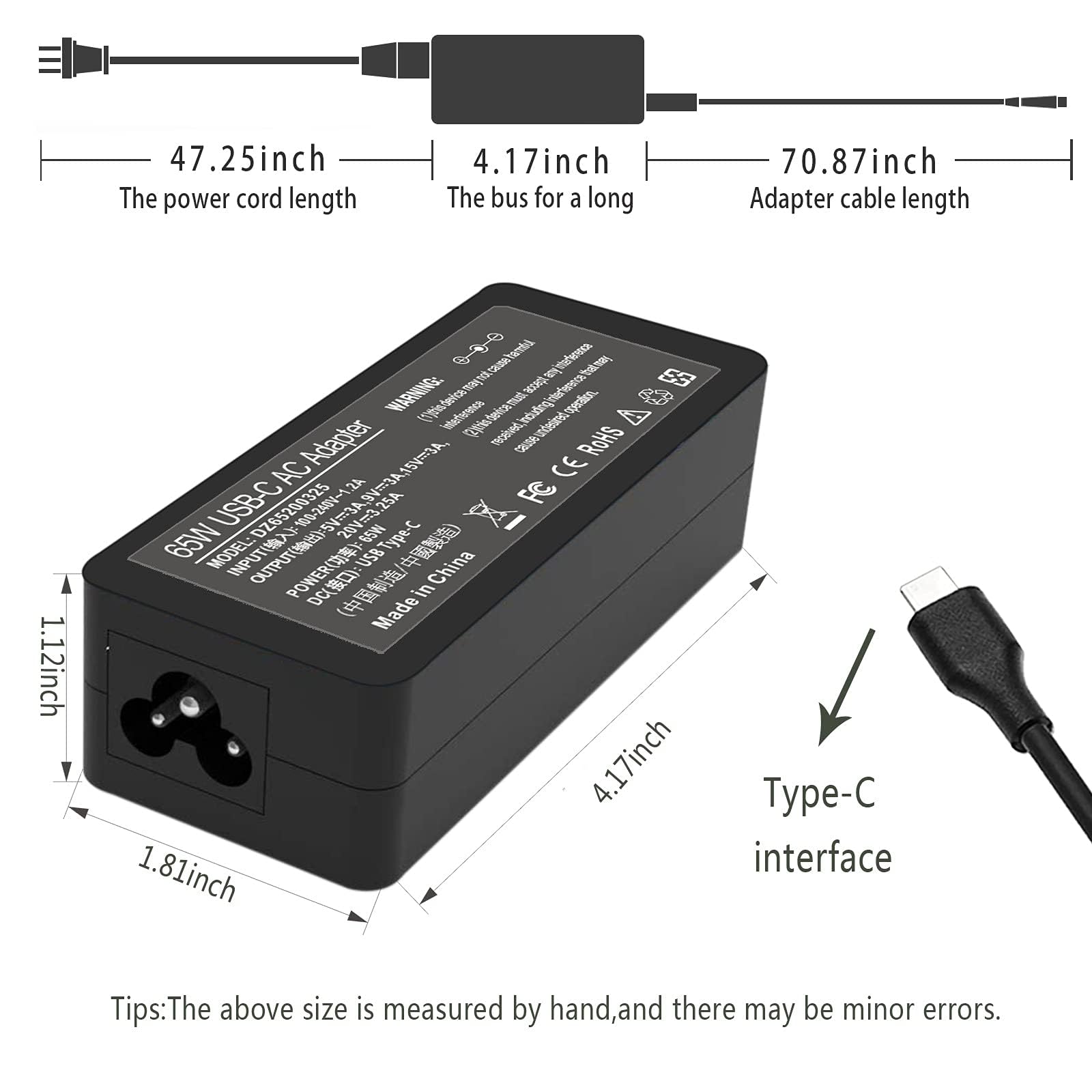65W 45W USB C Laptop Power Replacement Adapter Charger for Lenovo Chromebook/Yoga/ThinkPad/HP Chromebook/Dell Laptop USB Type C Power Adapter