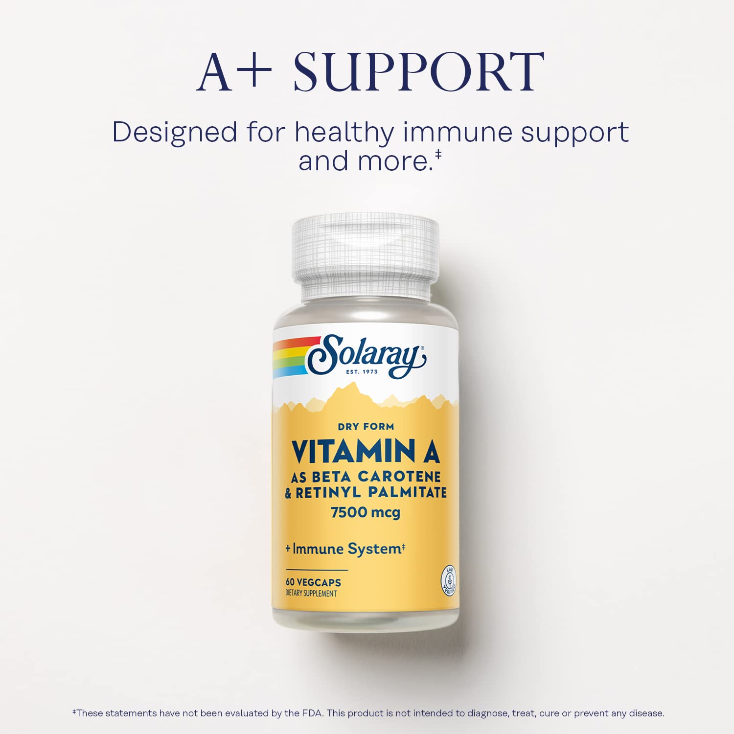 SOLARAY Dry Form Vitamin A - Vitamin A as 60% Beta Carotene and 40% Retinyl Palmitate with Carrot Powder - Eyes, Antioxidant Activity, and Immune System Support - 60 Servings, 60 VegCaps