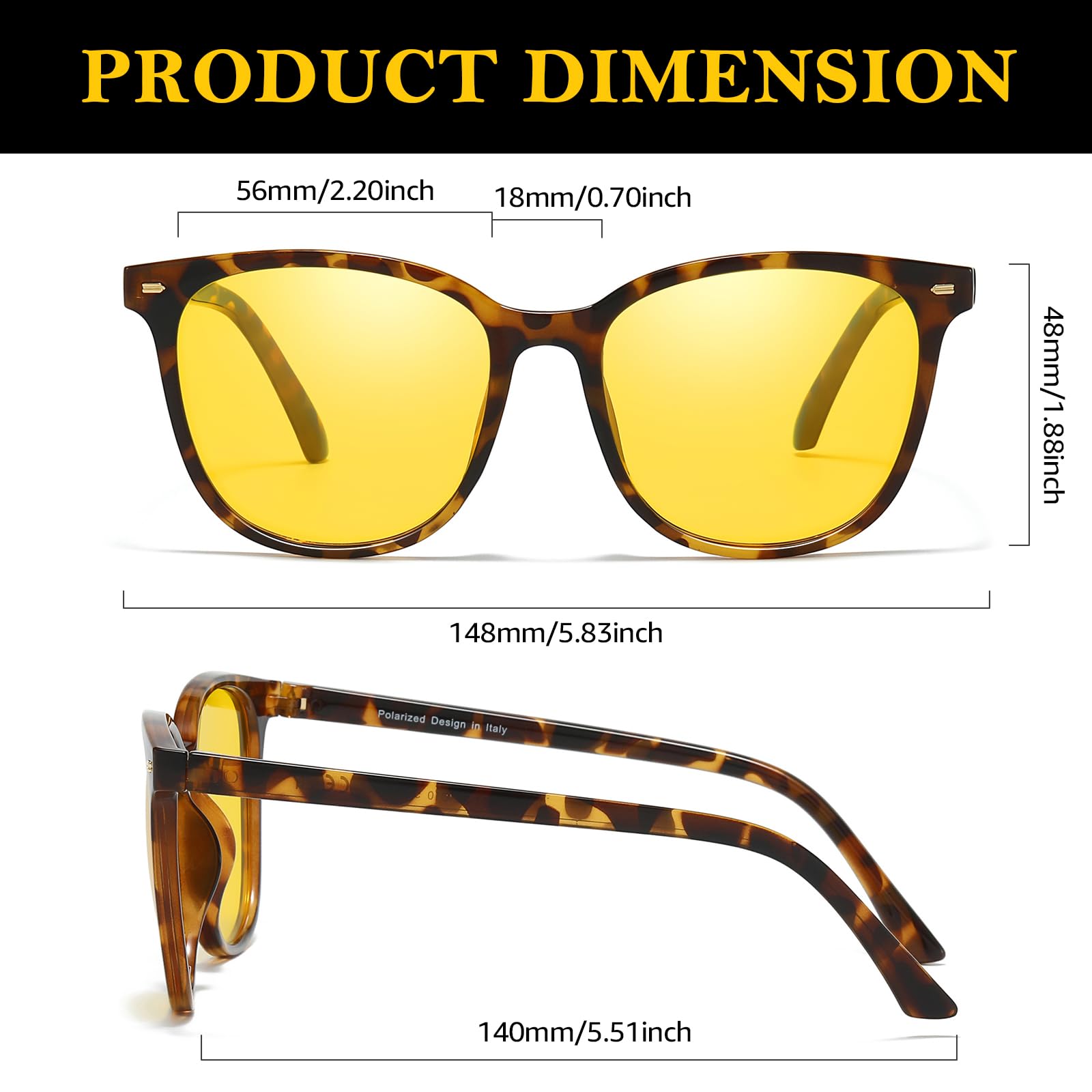 TJUTR Night Vision Driving Glasses for Women Men, Polarized Yellow Lens Anti Glare, Safety Nighttime & UV Protection TN2551