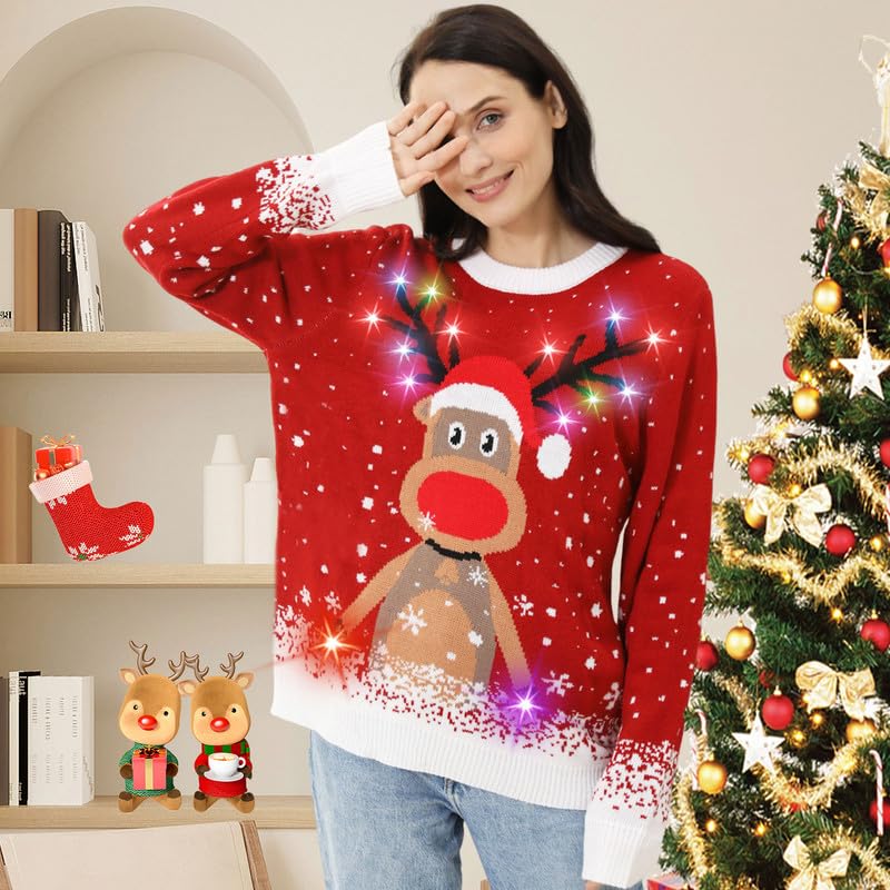 Ugly Christmas Sweaters for Women 2024 Men Light Up Christmas Sweater,Funny Reindeer Unisex Red Xmas Ugly Sweater for Couples