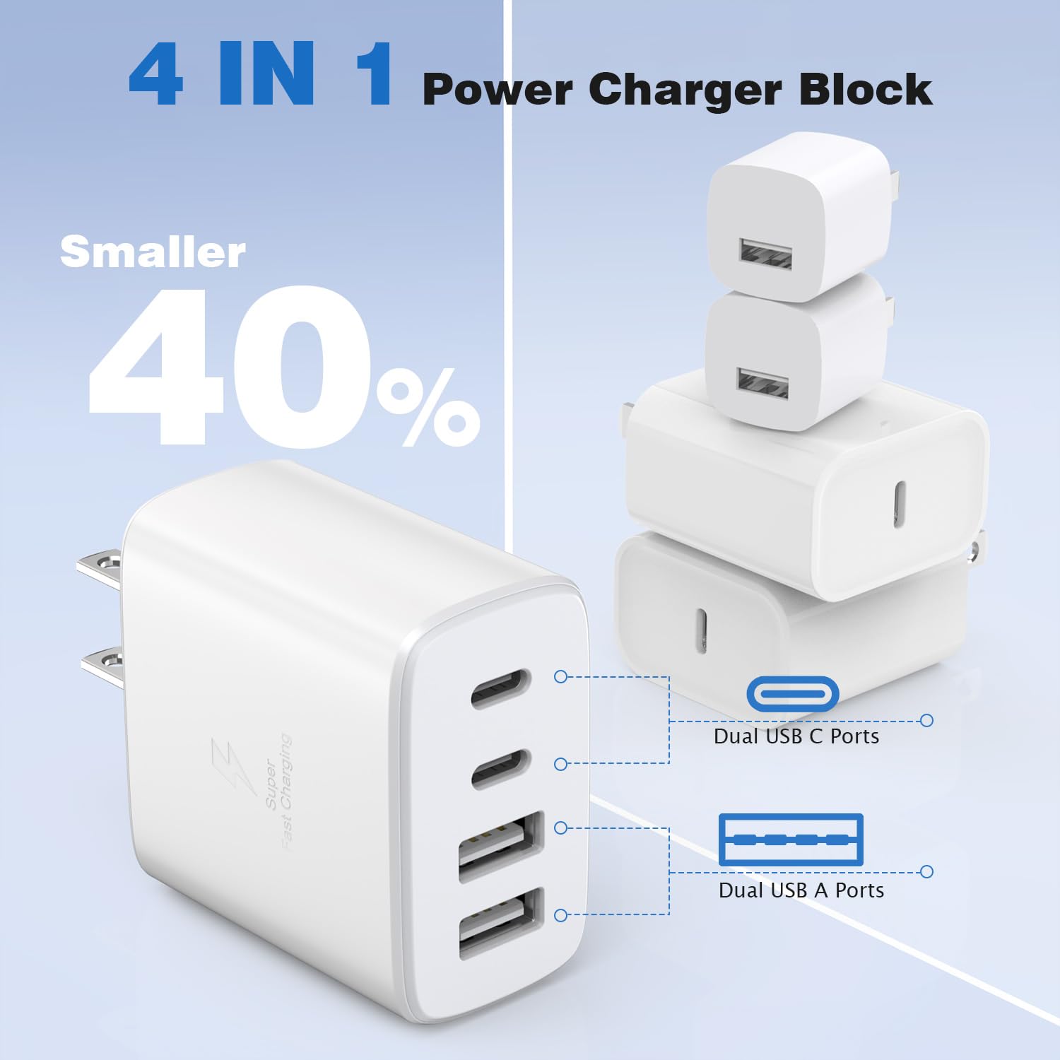 iPhone 16 Charger Cube Block,40W 2Pack 4Port PD USB C Charger Block Power Adapter+QC Wall Charger Plug Fast Charging Block Multiport Brick for iPhone 16 Pro Max/iPhone 15/14/13/12/iPad Pro/Air/Samsung