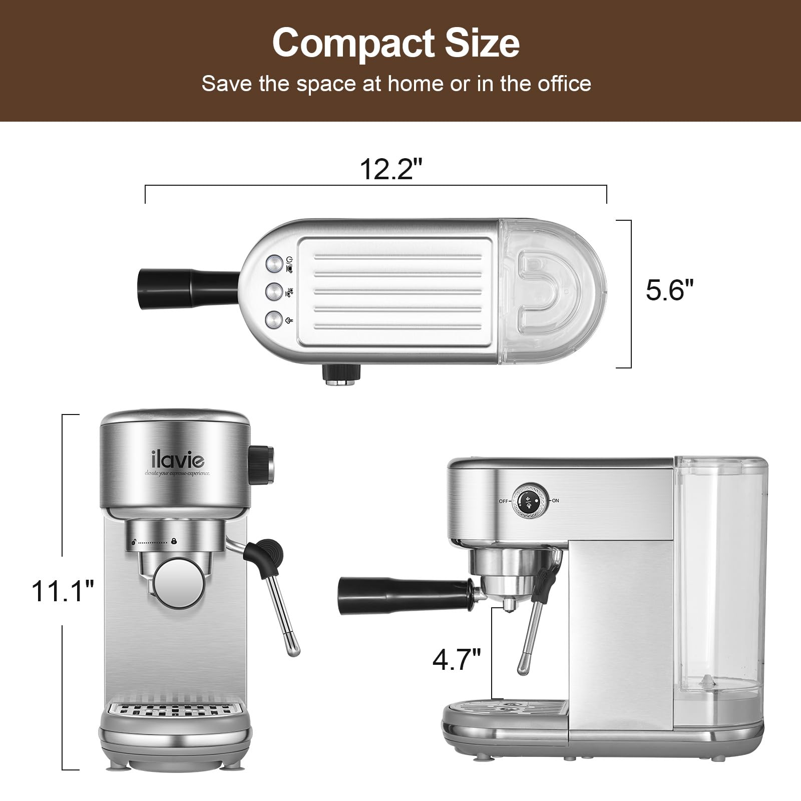 ILAVIE Espresso Coffee Machine for Home 20 Bar, Professional Compact Cappuccino Machine Maker for Latte, with 40oz Detachable Water Tank, 1350W Strong Power, Stainless Steel