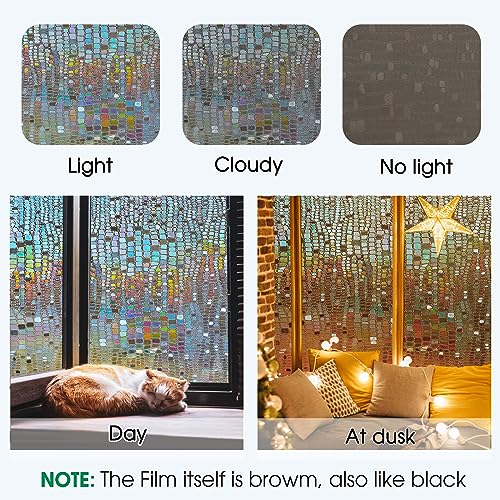 Beautysaid Window Privacy Film Stained Glass 3D Rainbow Prism Window Clings Heat Blocking Window Tint Sun Catchers Peel and Stick Decorative Window Decals Home Bathroom Door(Pure,35.4x118 in)