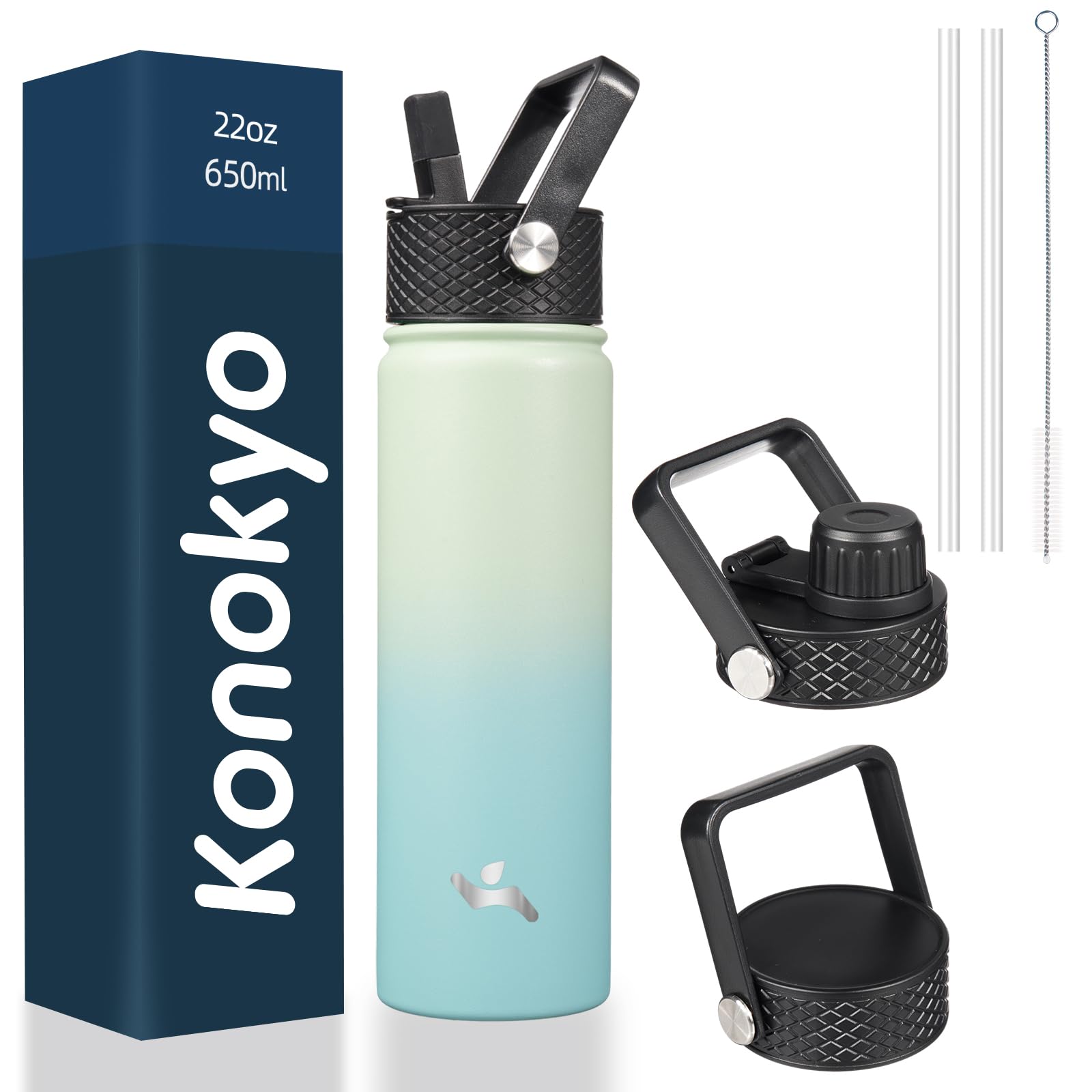 Konokyo Insulated Water Bottle with Straw,22 oz 3 Lids Metal Bottles Stainless Steel Water Flask,Mint