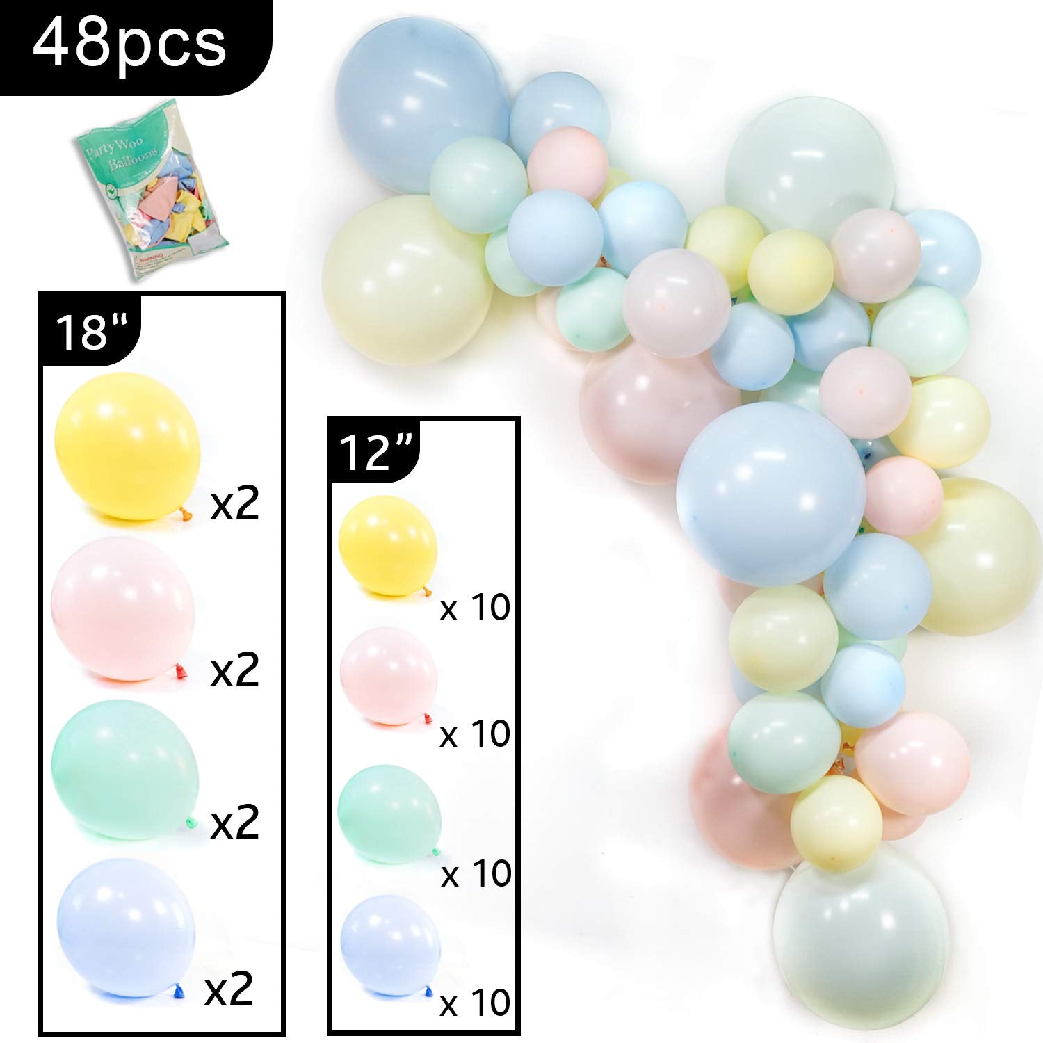 PartyWoo 48pcs Pastel Balloons, Pastel Pink, Blue, Yellow, Mint Green, Giant Balloons for Party Decorations