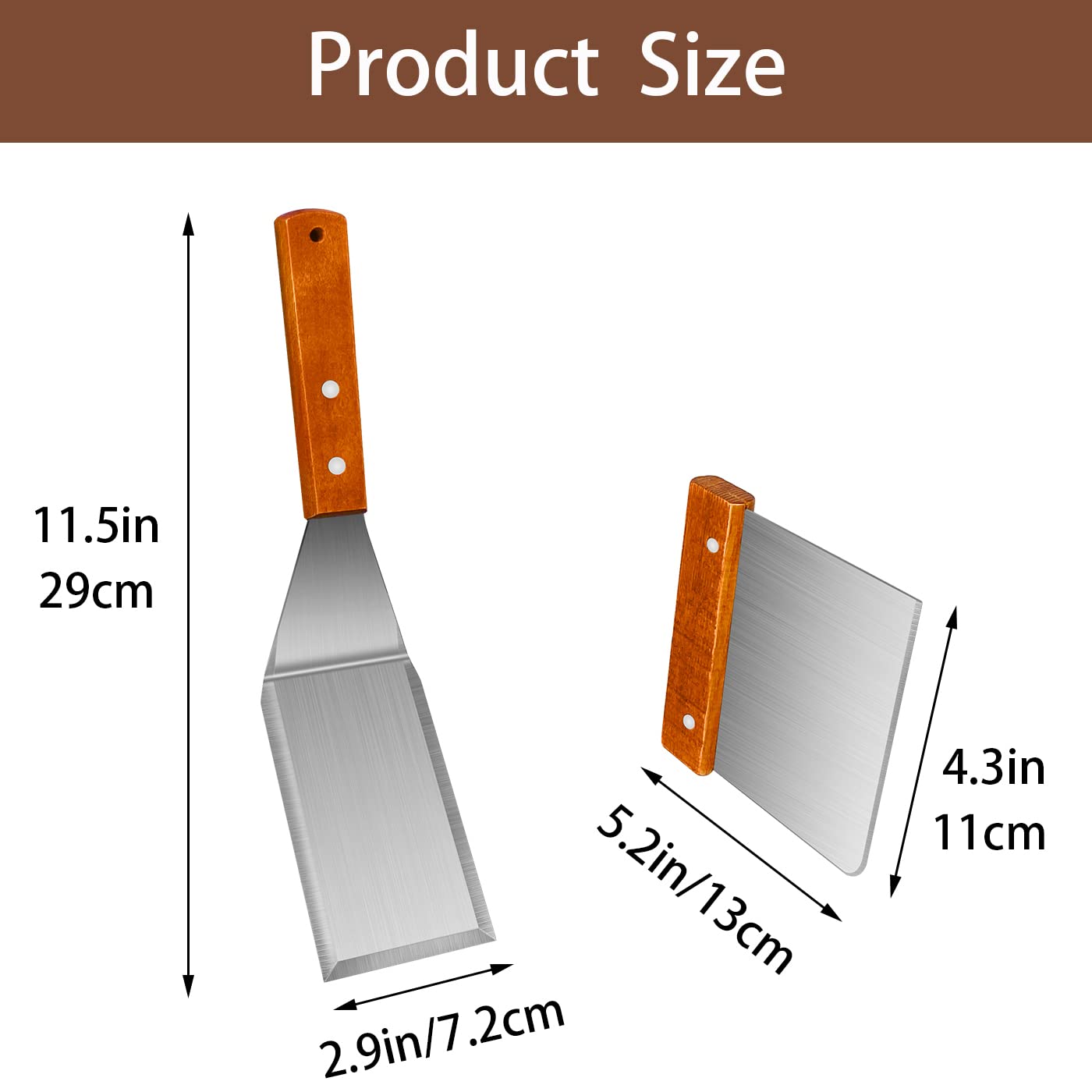 KLAQQED Spatula, Metal Spatulas Set, Stainless Steel Spatula, Fish Spatula Turner Cooking BBQ Grill Griddle Spatula, Metal Spatula for Cast Iron Skillet, Small Wide Kitchen Spatulas with Wood Handle