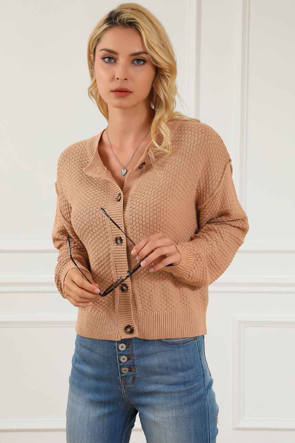 Khaki Button Front Drop Shoulder Knitted Cardigan