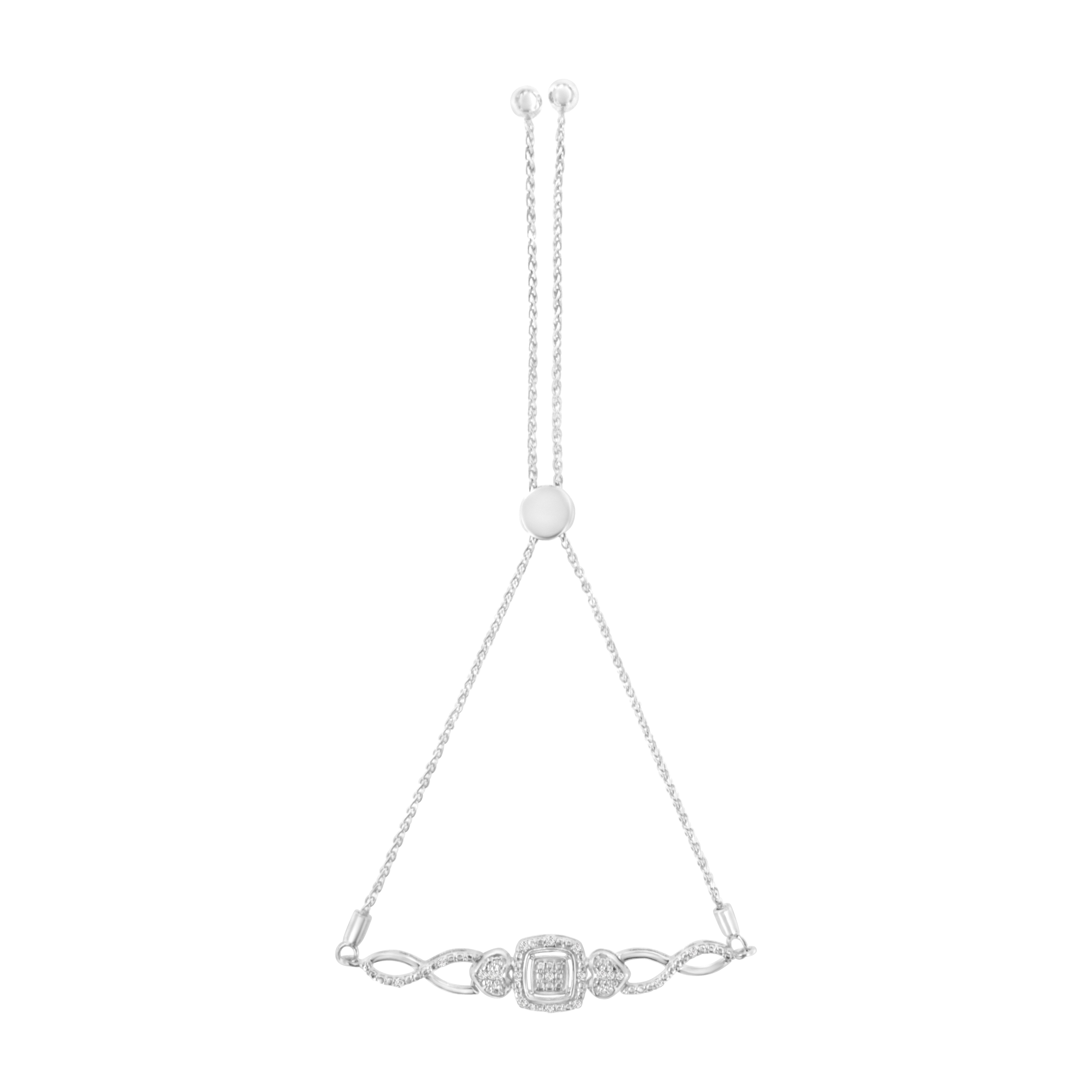 .925 Sterling Silver Diamond Cushion Frame Heart-Sides Twist 4â€-10â€ Adjustable Bolo Tennis Bolo Bracelet (I-J Color, I3 Clarity)