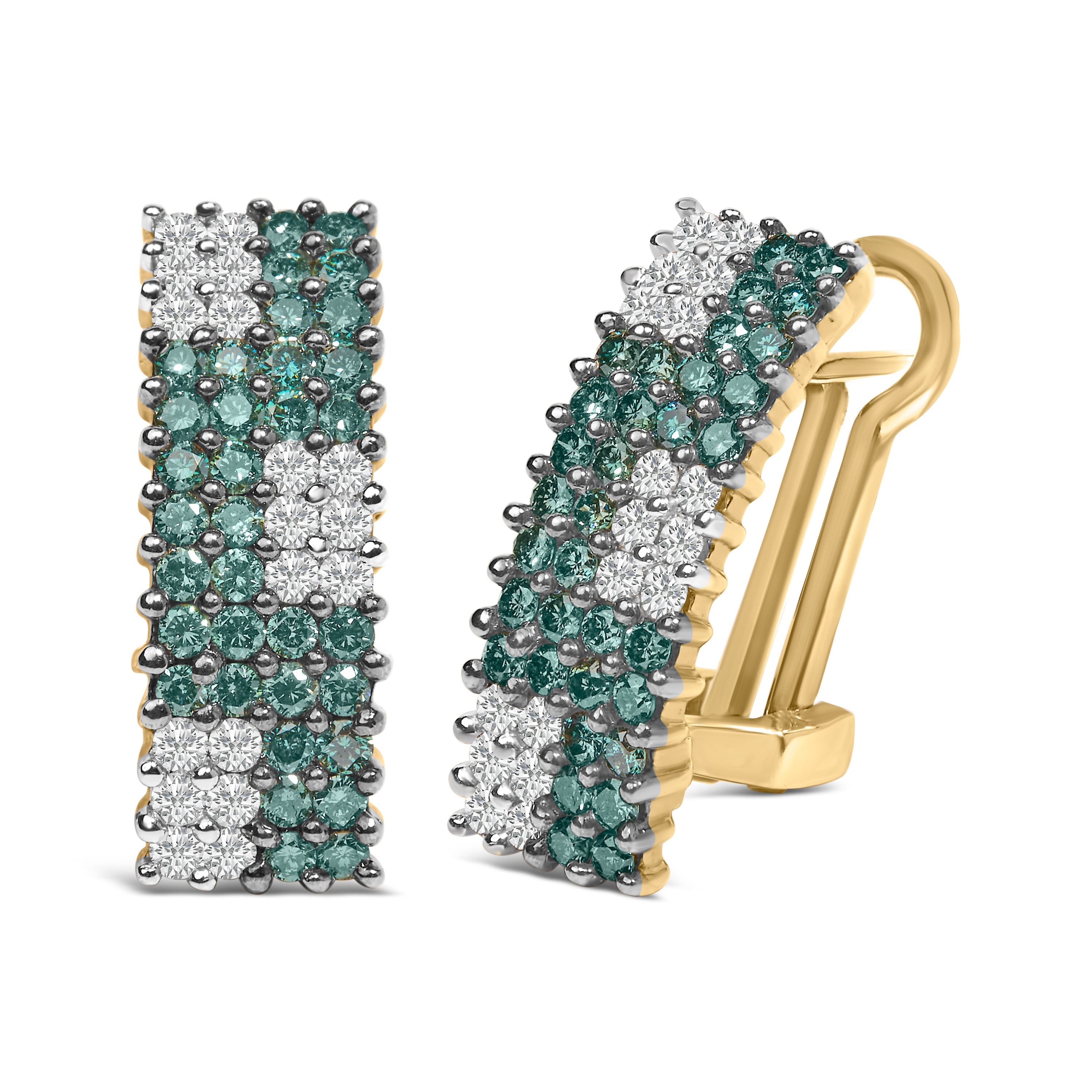 14K Yellow Gold 2.00 Cttw White and Treated Blue Diamond Four-Row PavÃ© Omegaback Earrings (H-I Color, SI1-SI2 Clarity)