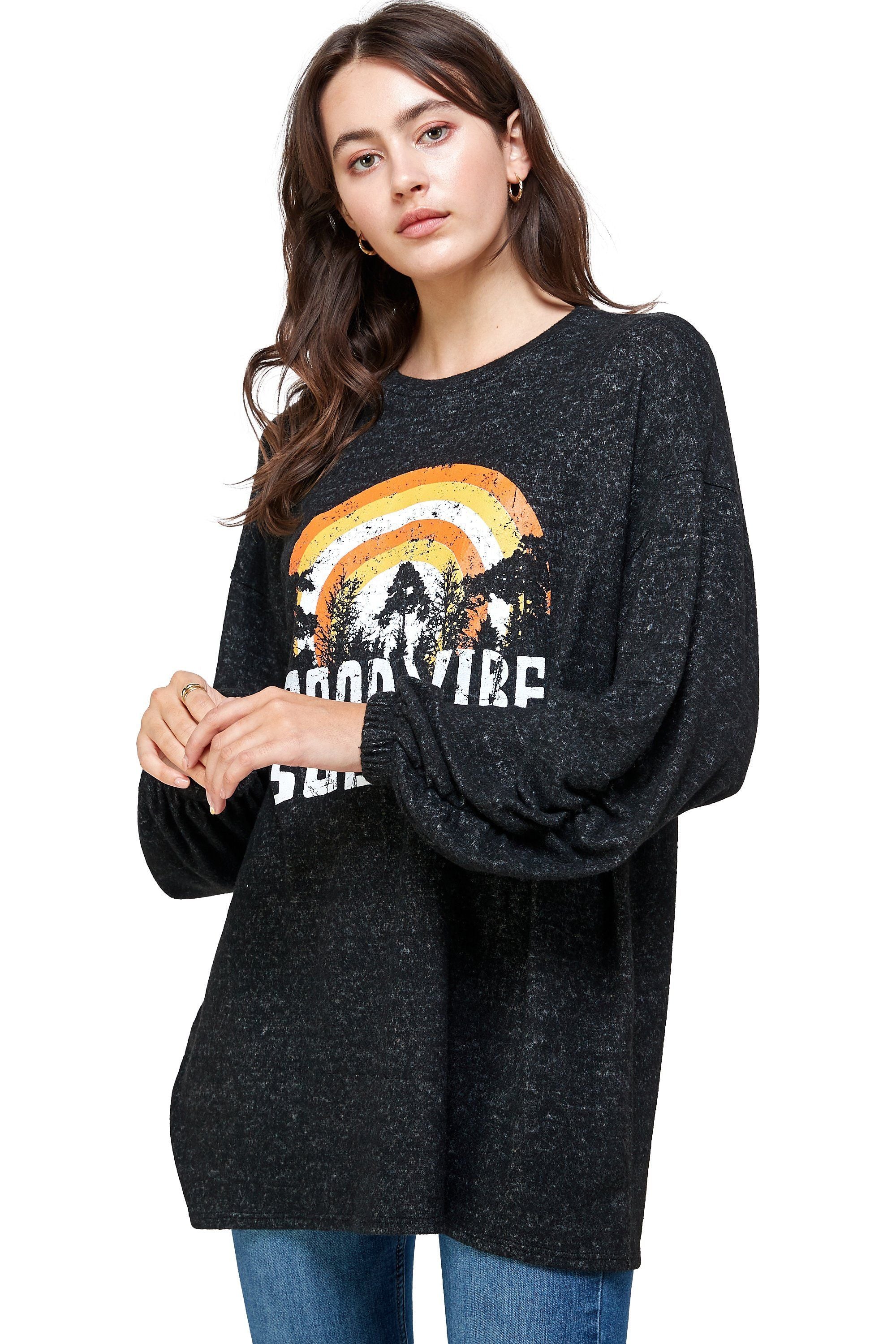 Brushed Knit Screen Print Loose Fit  Women's Sweat Shirt