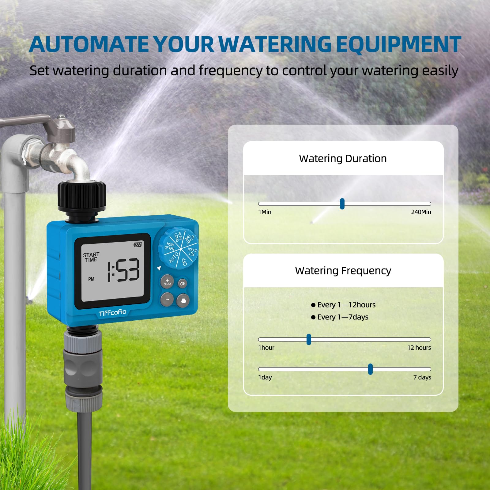 Tiffcofio Sprinkler Timer Outdoor, Digital Pogrammable Water Timer for Garden Hose, Irrigrtion Timer with Rain Delay and Manual Mode