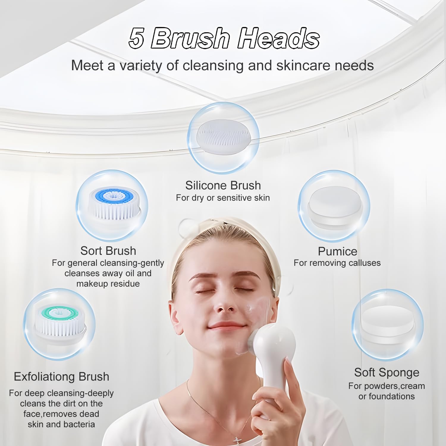 FreeBreath Facial Cleansing Brush, IPX7 Waterproof Face Scrubber with 3 Speed Modes, Face Brushes for Cleansing and Exfoliating with 5 Brush Heads, 1000mAh USB Rechargeable (Light Blue)