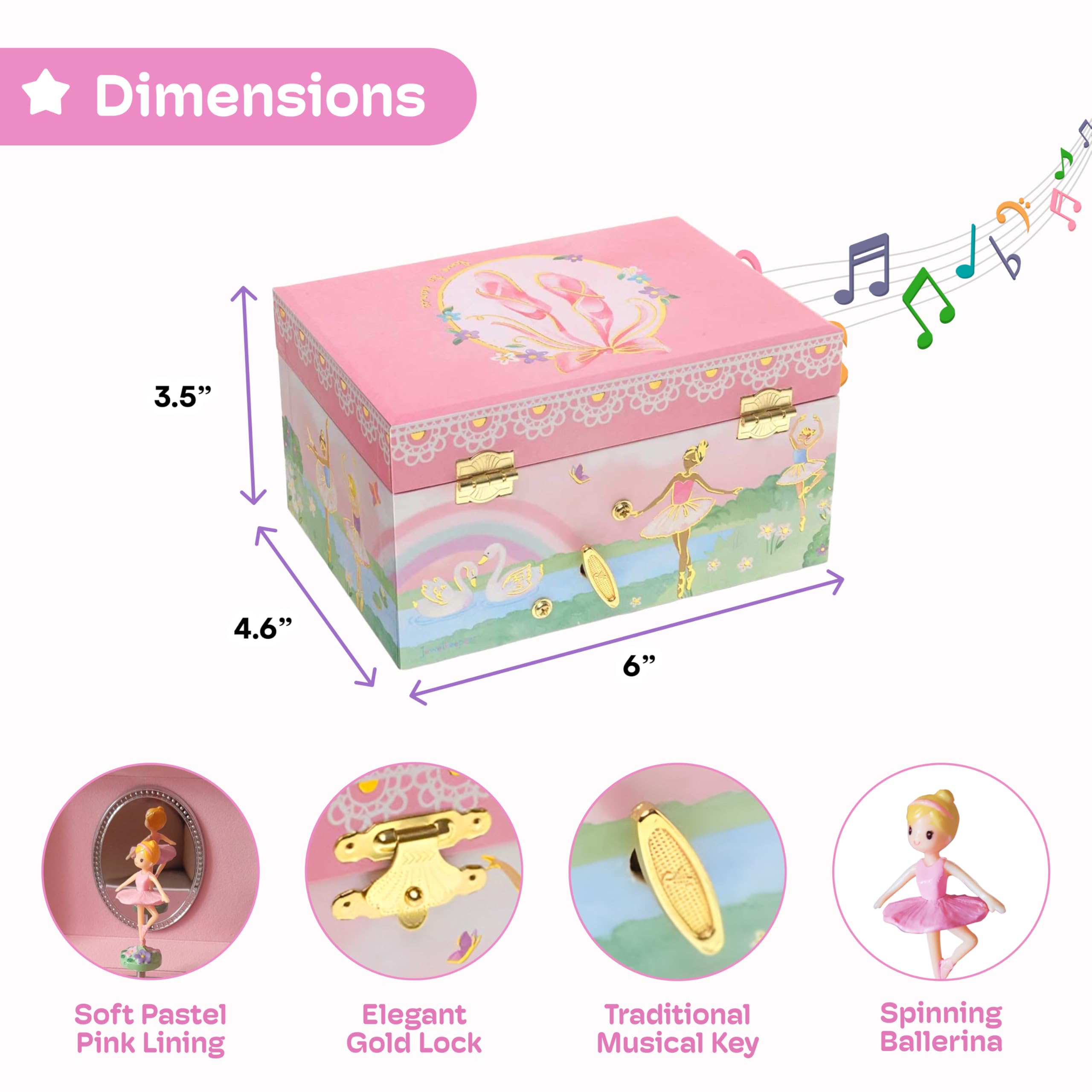 Jewelkeeper Ballerina Jewelry Box for Girls - Rainbow Ballerina Jewelry Box - Swan Lake Tune - 4-Year-Old Girl Gifts - Small Ballerina Jewelry Box with Doll and Storage - Engineered Wood - Pink