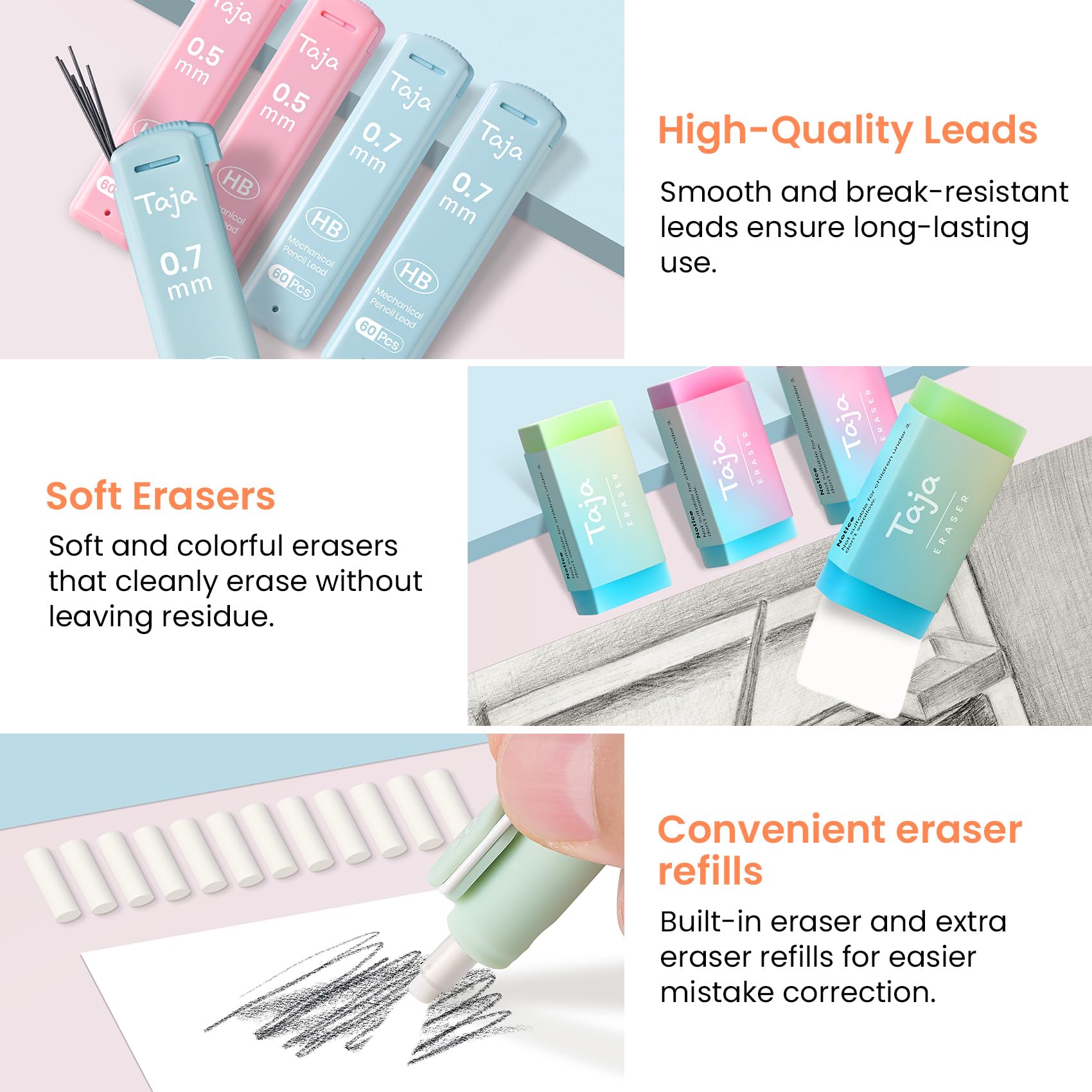 Cute Mechanical Pencil Set, 4 Pcs Pastel Mechanical Pencils 0.7 & 0.5mm with 4 Tube Leads 3 Erases & 12 Eraser Refills, Aesthetic pencils for Girl Boy, Back to School Supplies-Pastel