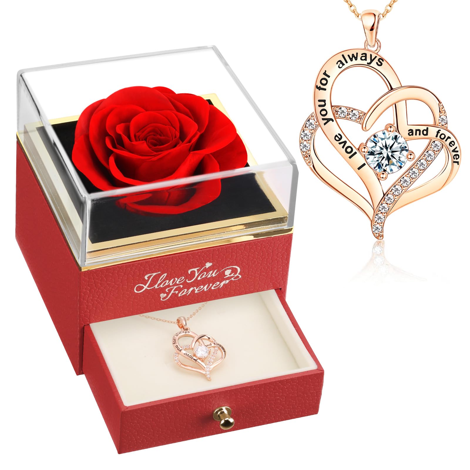 WILDLOVE Forever Real Rose with Heart Necklace, Preserved Flowers Gifts for Mom, Wife and Girlfriend on Christmas, Valentine's Day, Mother's Day, Birthday for Women Her - Red