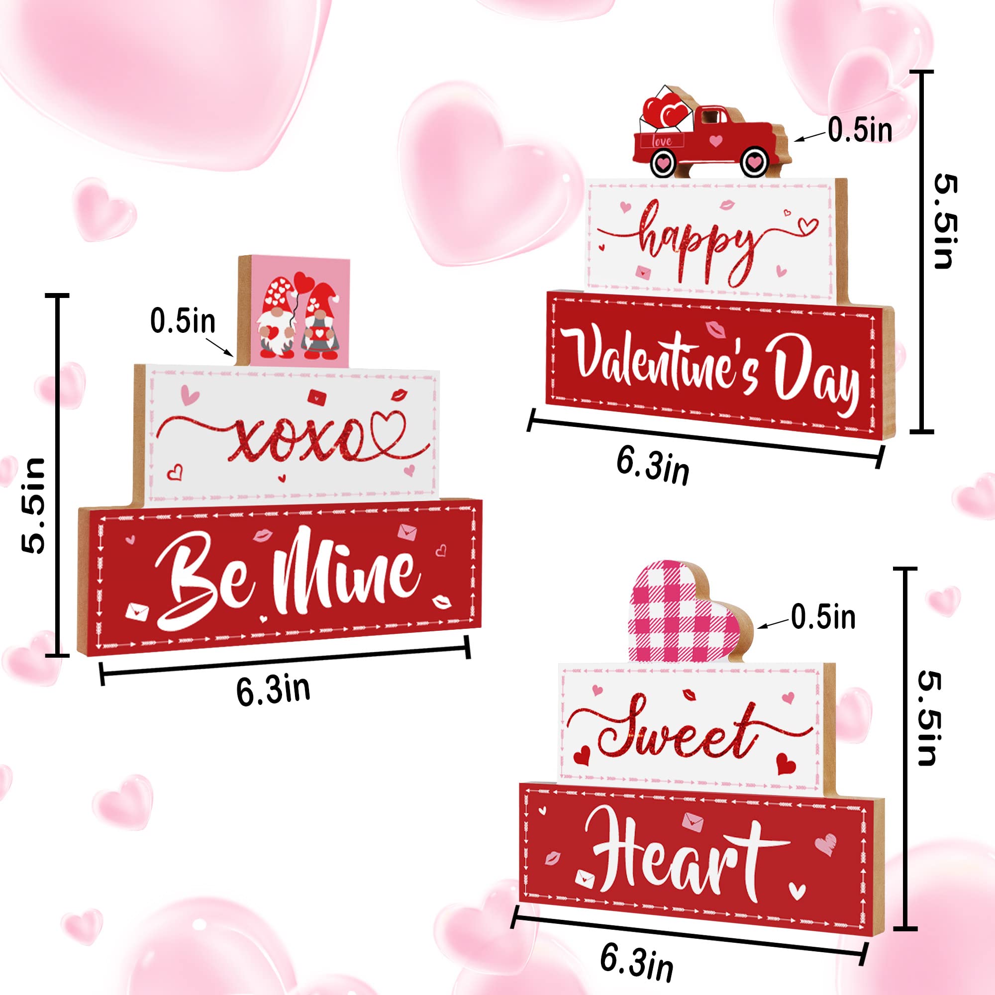 3 PCS Valentine's Day Wooden Sign Table Decor, Happy Valentine's Tabletop Centerpiece XOXO Be Mine Valentine Decorations for Tables, Valentine's Day Presents Wood Love Heart Desk Mantle Shelf Decoration