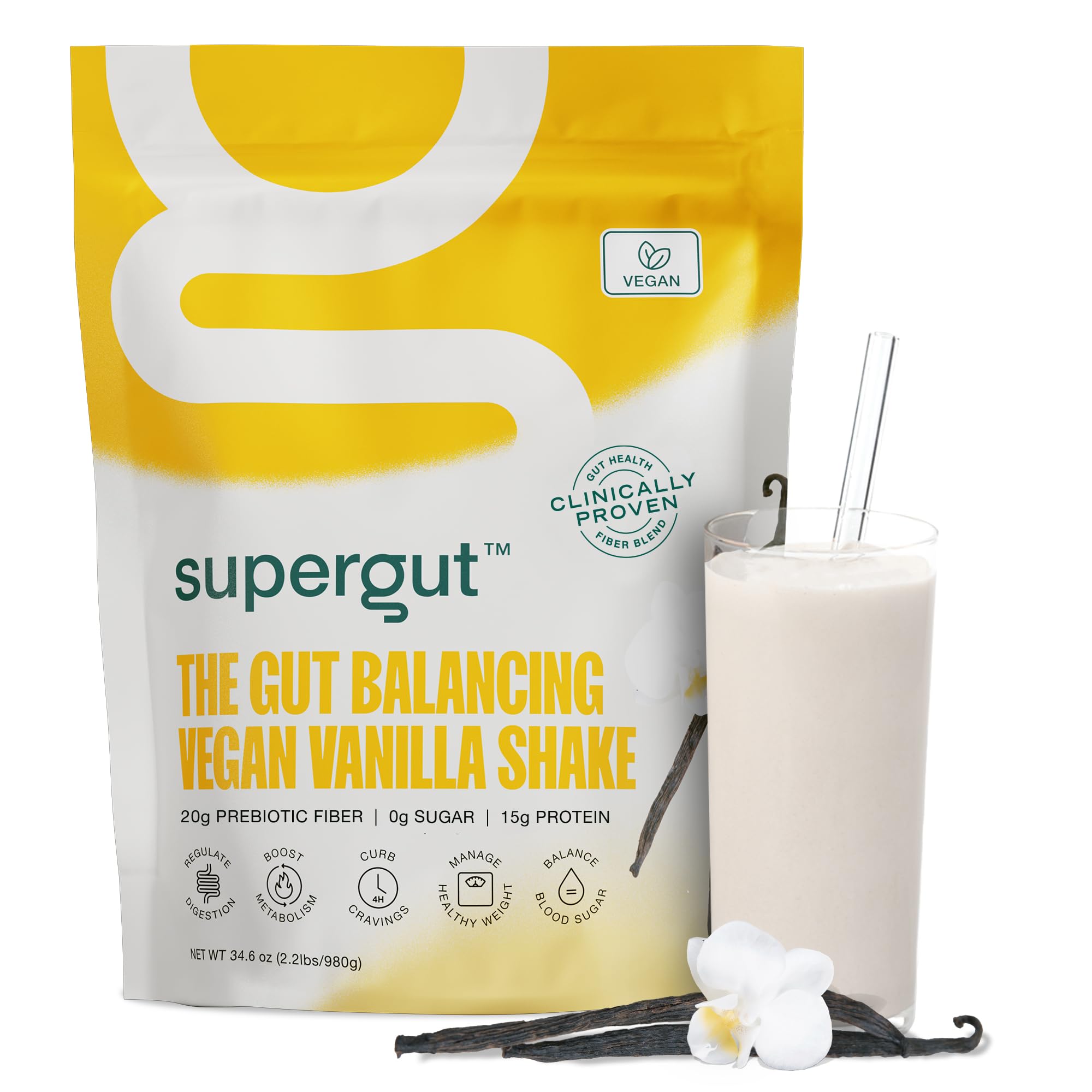 Supergut Prebiotic Shakes | Meal Replacement | Boost GLP-1 | High Protein and Fiber | No Added Sugar | Keto Food, Meal, Snack (Vegan Vanilla, 14 servings)