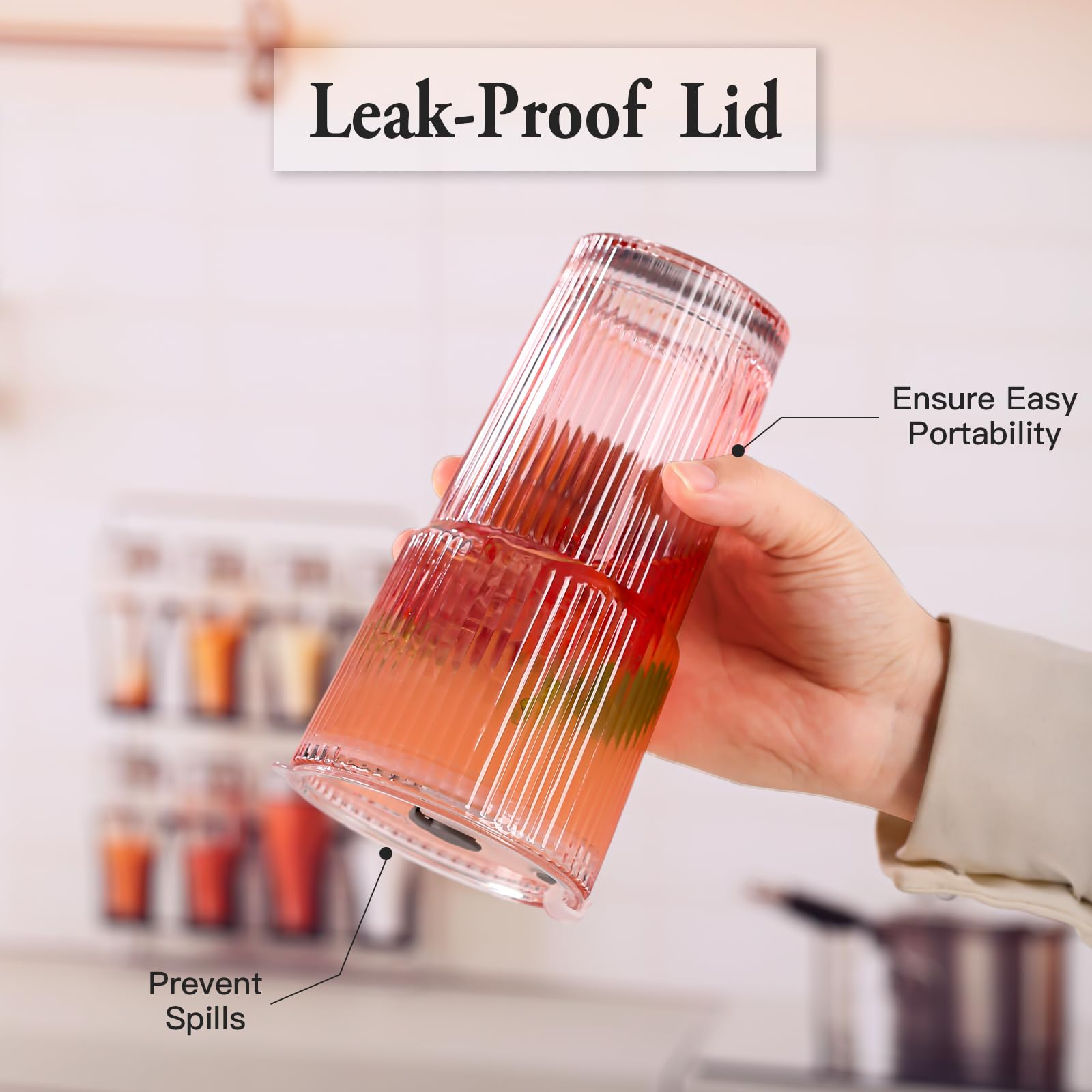 SIPBYSOP 4PCS Ribbed Glass Cups with Lids and Straws, 20oz Vintage Drinking Glasses, Aesthetic Iced Coffee Cups, Glass Tumbler for Boba, Beer, Tea, Cocktails, Ribbed Glassware Set,Pink