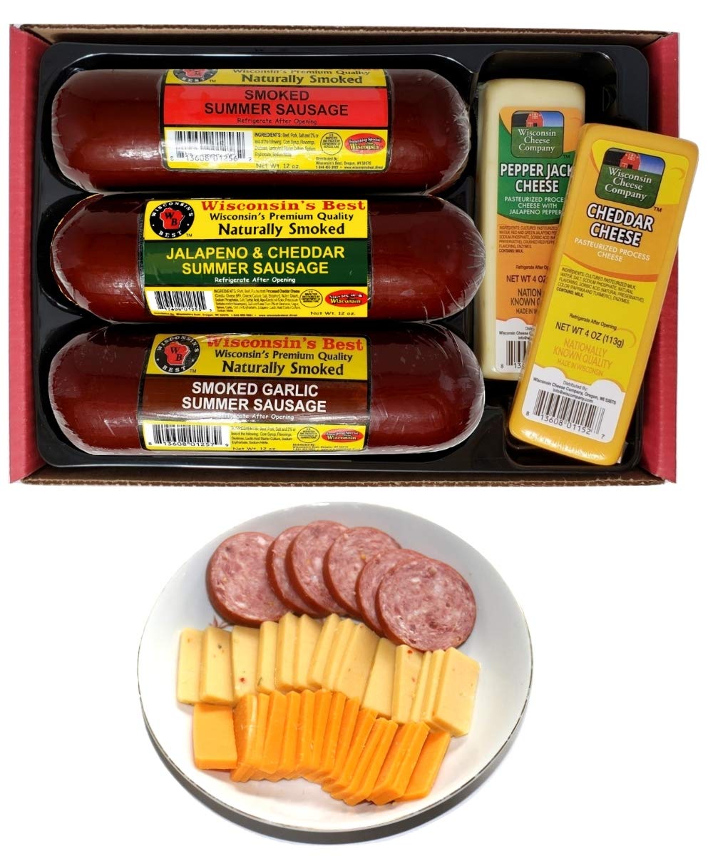 Wisconsin's Best & Wisconsin Cheese Company - Gourmet Variety 100% Wisconsin Cheese & Original, Garlic & Jalapeno Cheddar Summer Sausage Sampler Gift Box