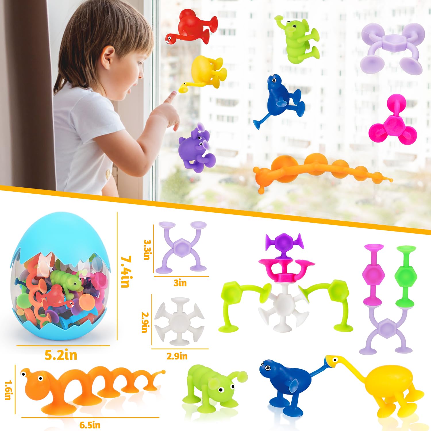 32 PCS Toddler Suction Cup Bath Toys Kids Bath Toy Birthday Party Favor Goody Bag Stuffer Carnival Bulk Prize Filler for Boys Girls Fidget Window Water Table Toy with Eggshell Storage