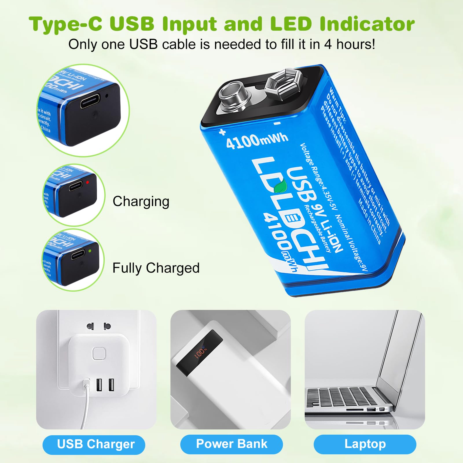 LDLDCHI Rechargeable 9V Lithium Batteries 4100mWh with 4-in1 Charging Cable - 6F22 9 Volt Batteries 4 Pack, Over 500 Cycles, for Smoke Detector Alarms, Microphones, Guitar