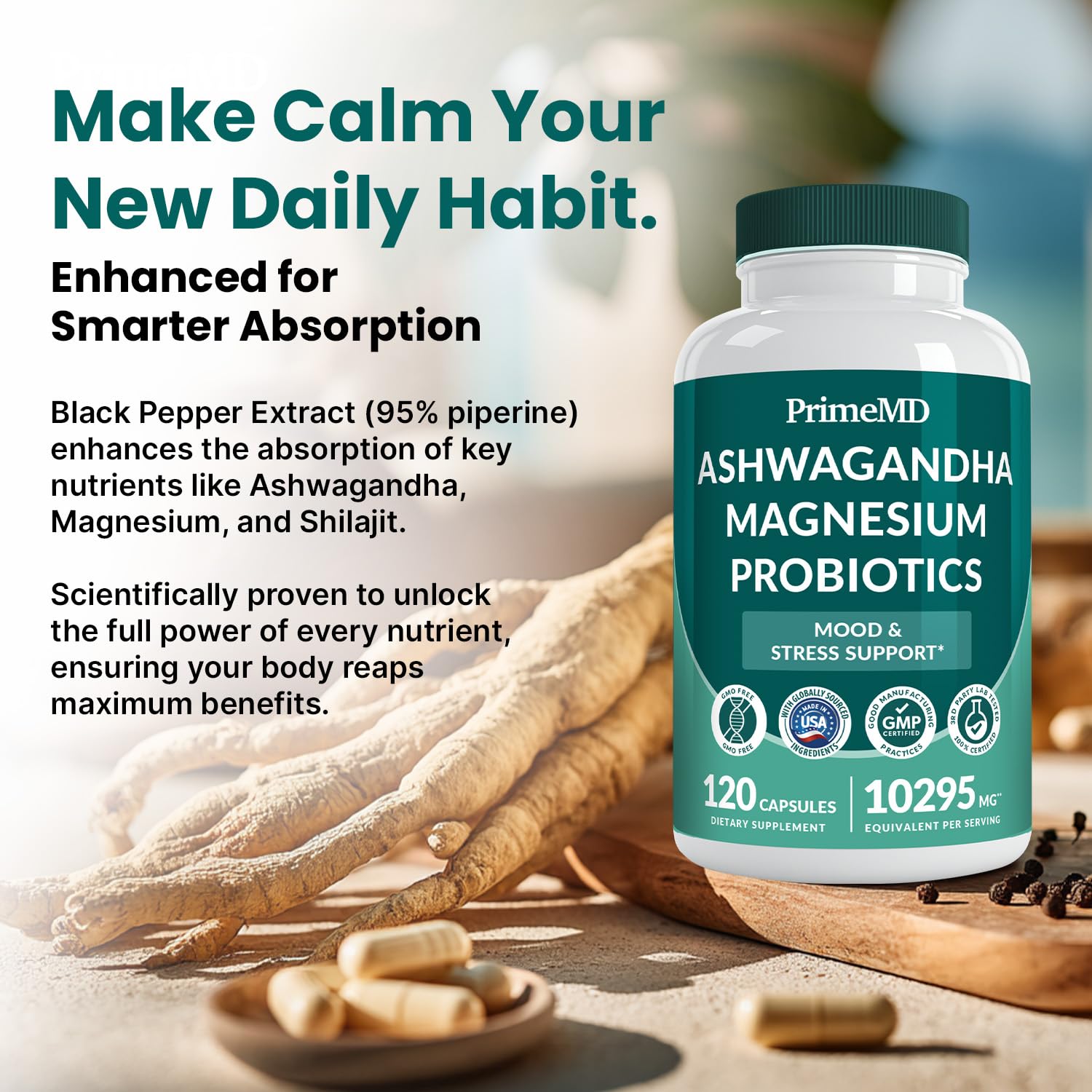 5-in-1 Cortisol Supplement for Women and Men with Ashwagandha for Calmness, Focus, and Adrenal Support Supplements with Shilajit Extract, Magnesium Glycinate, Probiotics (120 ct) (Pack of 1)