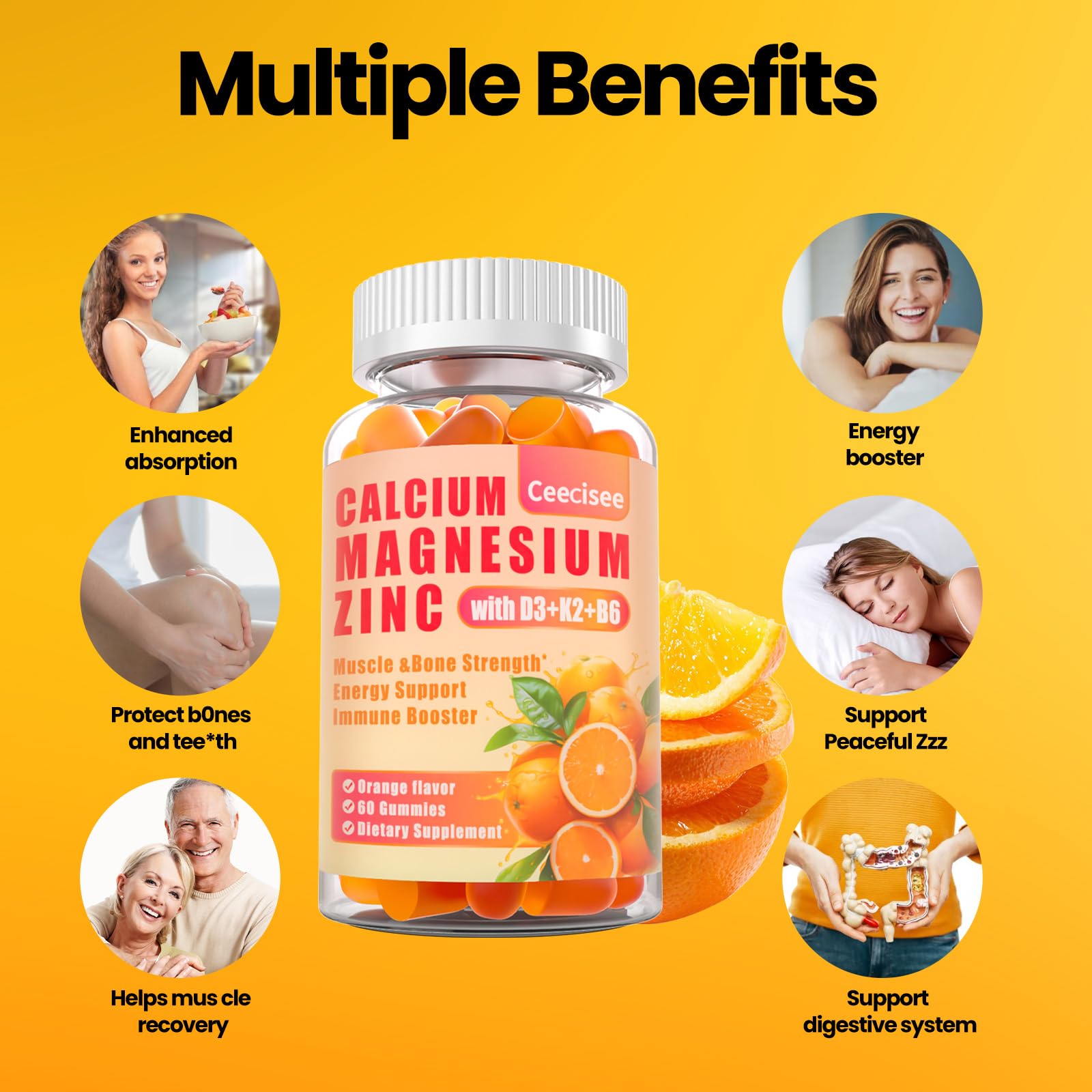 Calcium Magnesium Zinc Gummies with D3 &B6 &K2,1000mg Calcium Gummies with 300mg Magnesium Support Immune Energy for Adults and Teens,Sugar Free(120Count)