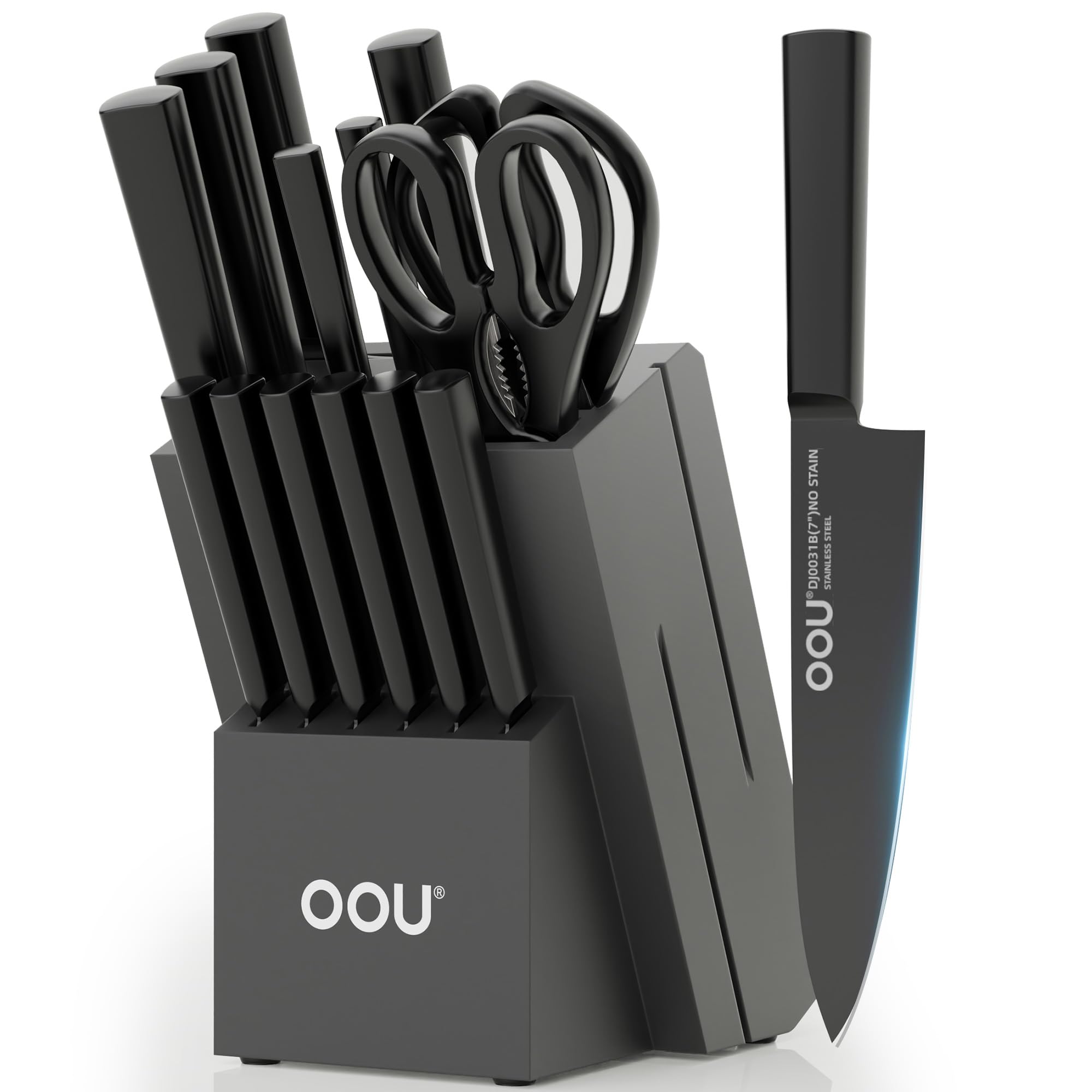 OOU Kitchen Knife Block Set - 15 Pieces High Carbon Stainless Steel Chef Knife Sets, Anti-Rust Black Knives Set with Built-in Sharpener Block, Black