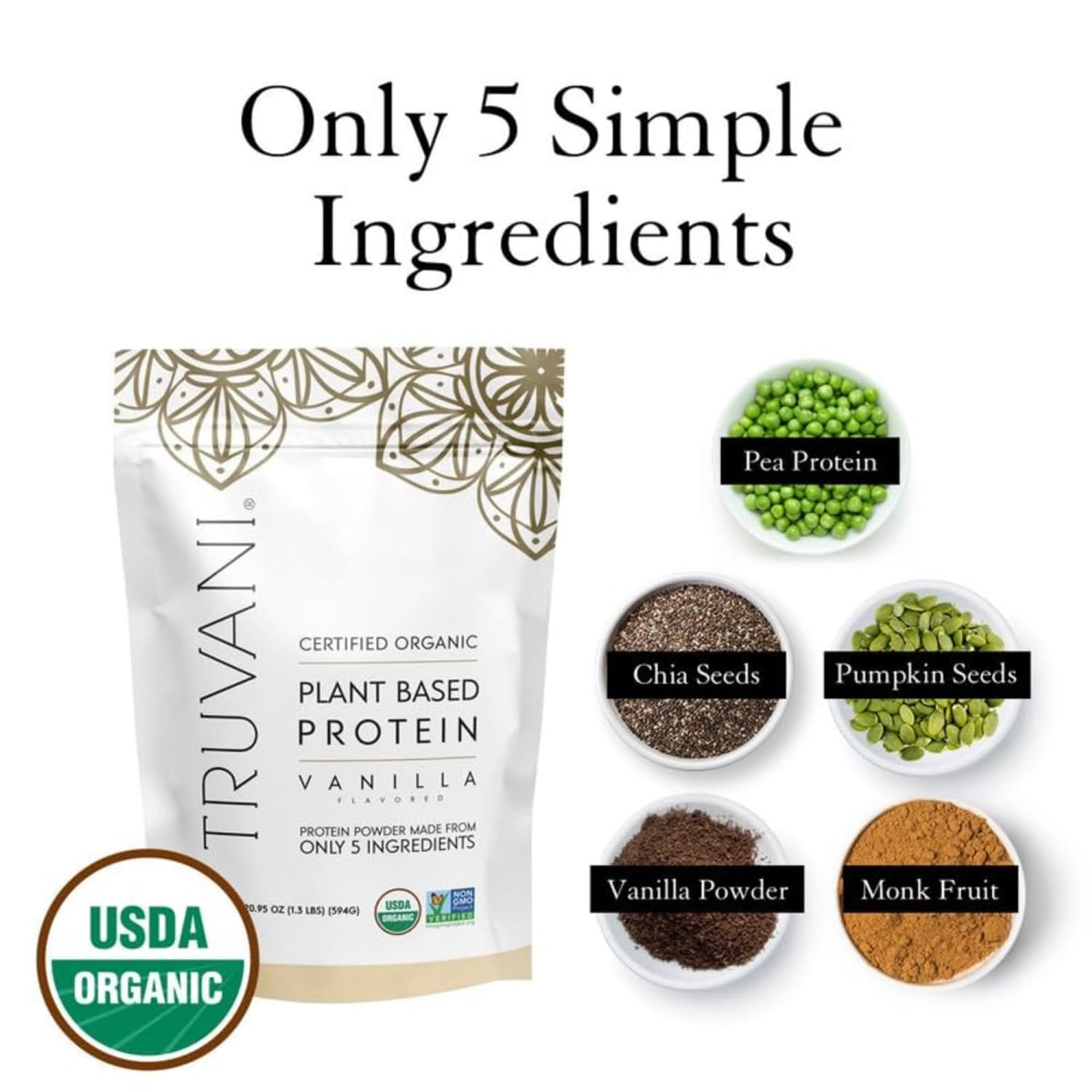 Truvani Vegan Pea Protein Powder | Vanilla | 20g Organic Plant Based Protein Per Serving | 20 Servings | Keto | Gluten & Dairy Free | Low Carb | No Added Sugar