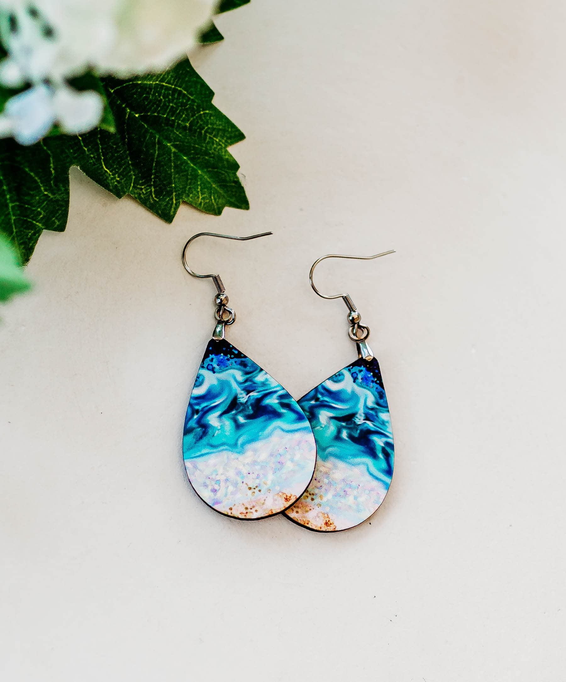 Beach Earrings for Women Summer Ocean Teardrop Dangling Gift for Her Jewelry Mothers Day Gift Teal Beige Turquoise Handmade by The Painted Pug (Original Beach Large Single Pair)