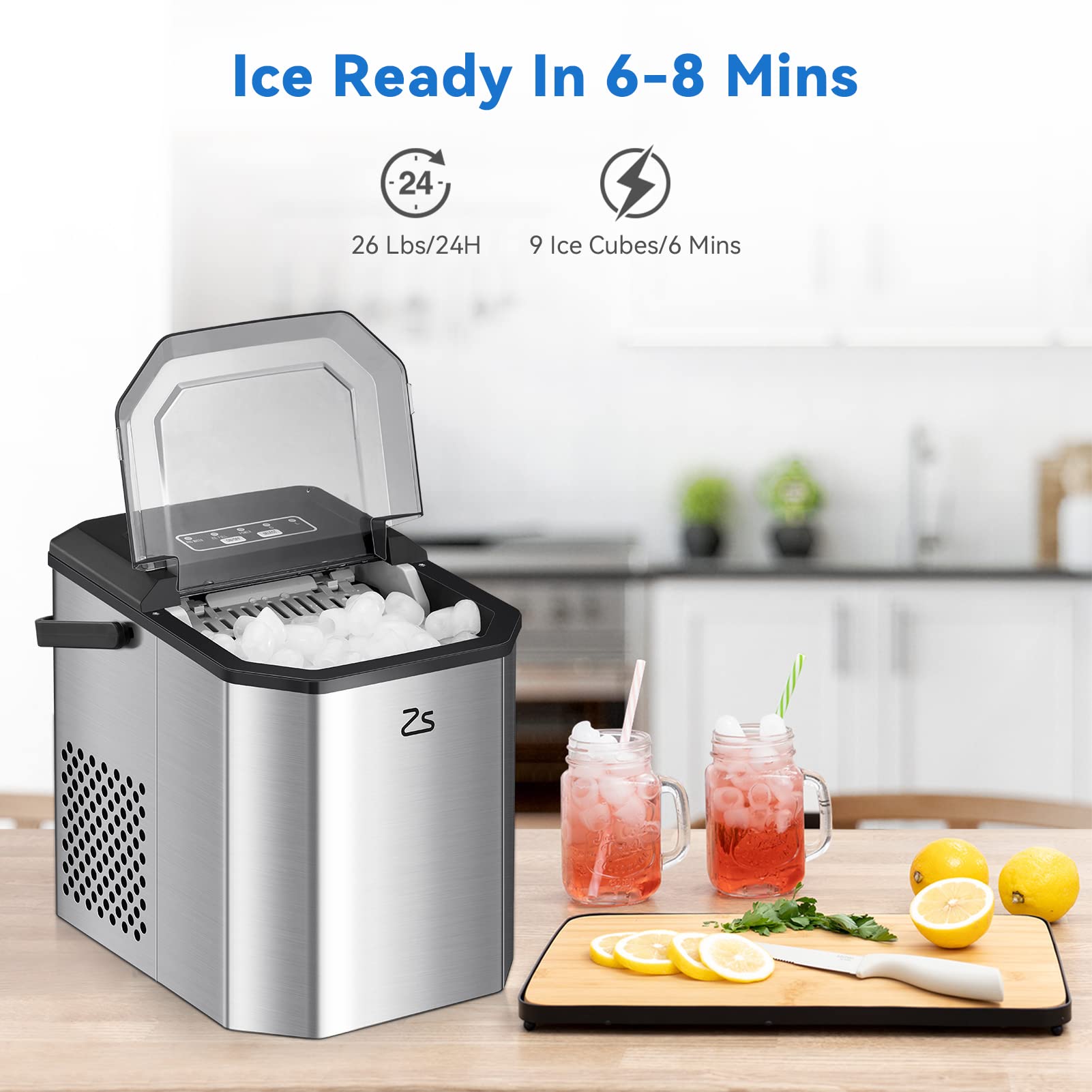 Zstar Ice Maker Countertop, 10,000pcs/26Lbs/Day, Portable Ice Machine with with Ice Scoop, 45lb Quiet Design and Self-Cleaning Function for Kitchen Office Stainless Steel