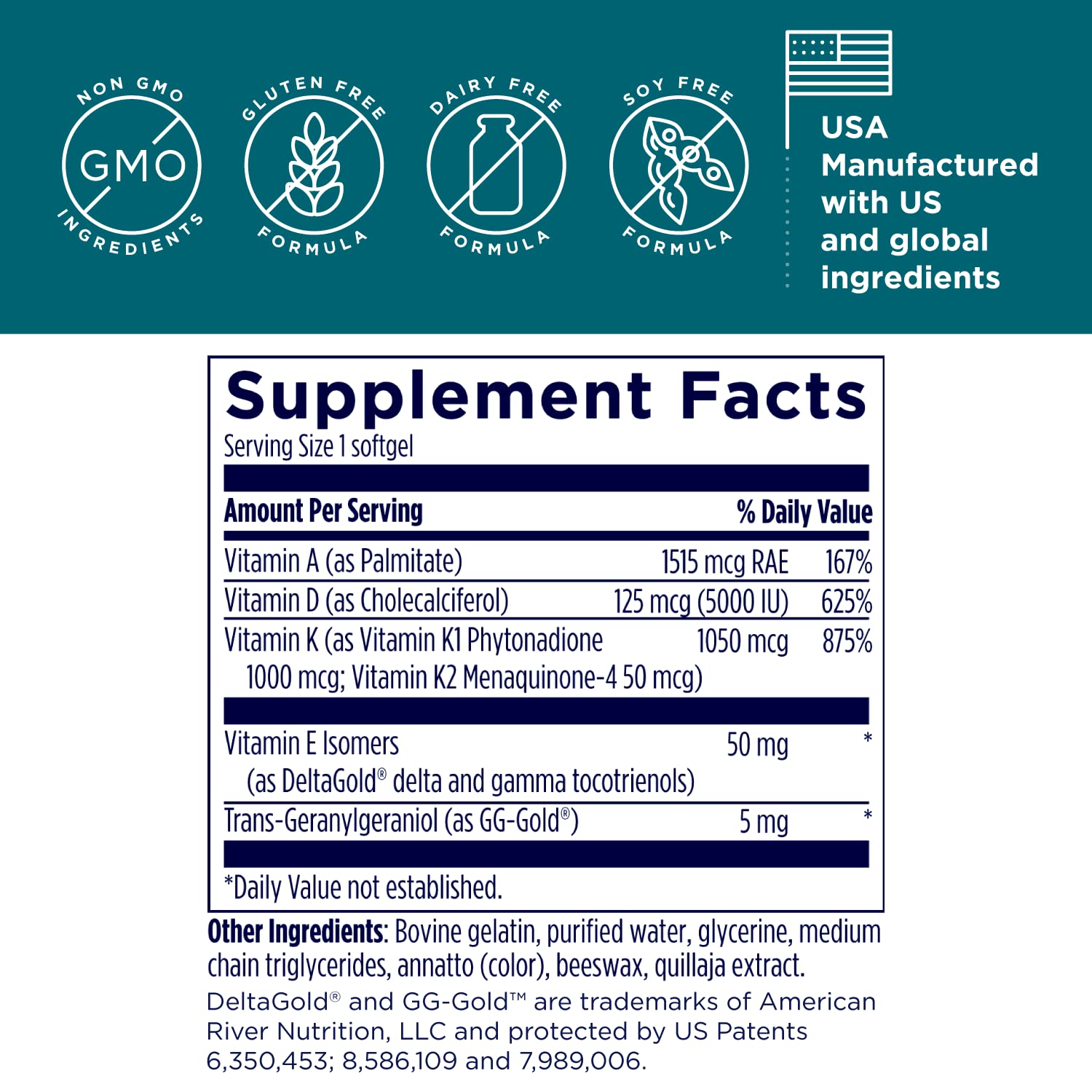 Designs for Health ADK Evail - 5000 IU Vit D3 with Vitamins A, E (Annatto Gamma Delta Tocotrienols), K (K1 + K2) - Fat Soluble Vitamin D Complex - Bone + Immune Support - Non-GMO (60 Softgels)