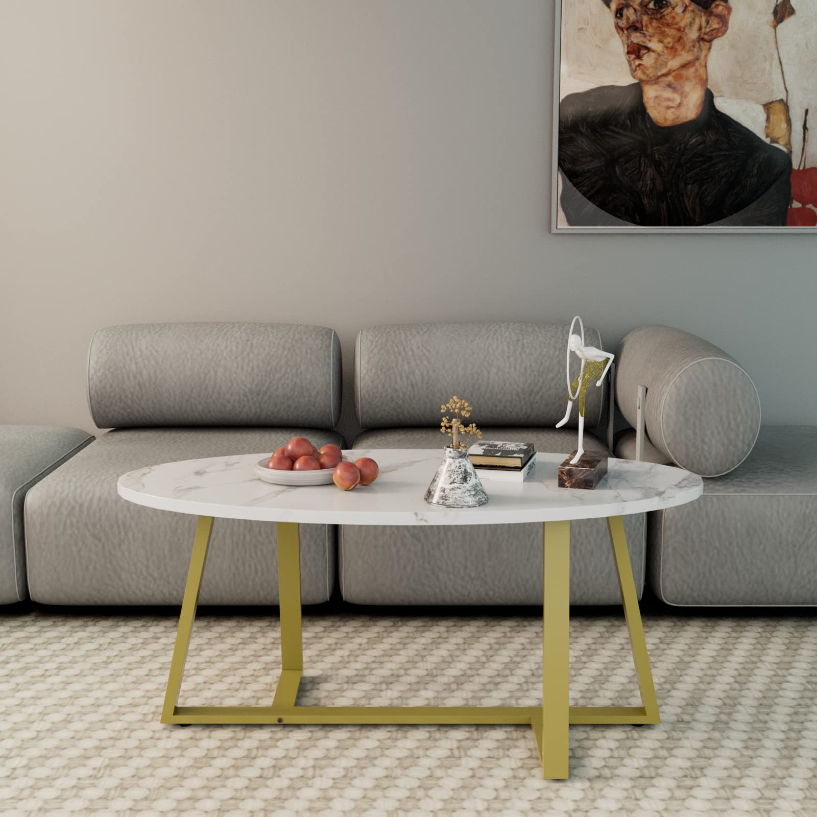 Wolawu Oval Faux Marble Coffee Table - Modern Gold Elliptic Side End Table for Living Room and Kitchen