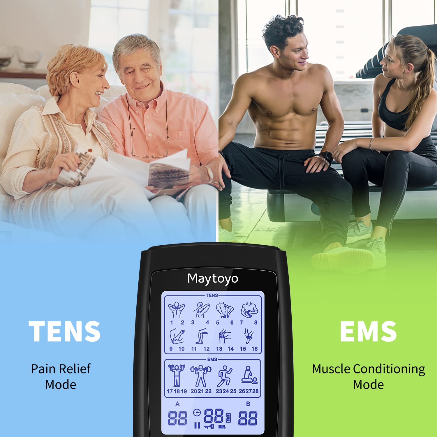 Maytoyo TENS EMS Unit 28 Mode 40 Intensity Muscle Stimulator for Pain Relief Therapy, Dual Channel Rechargeable TENS Machine