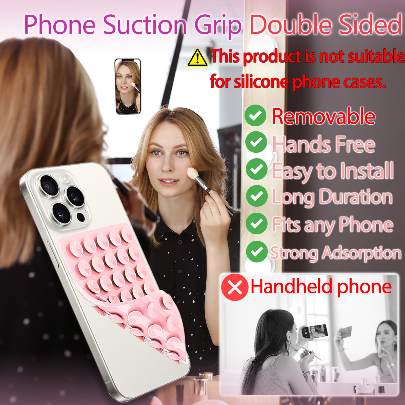 QxbBox Silicone Suction Cup Phone Case Mount Double Sided, Hands-Free Strong Grip Holder for Selfies and Videos,Silicon Sticky Phone Grip with Higher Suction Power for Cell Phone Light Pink