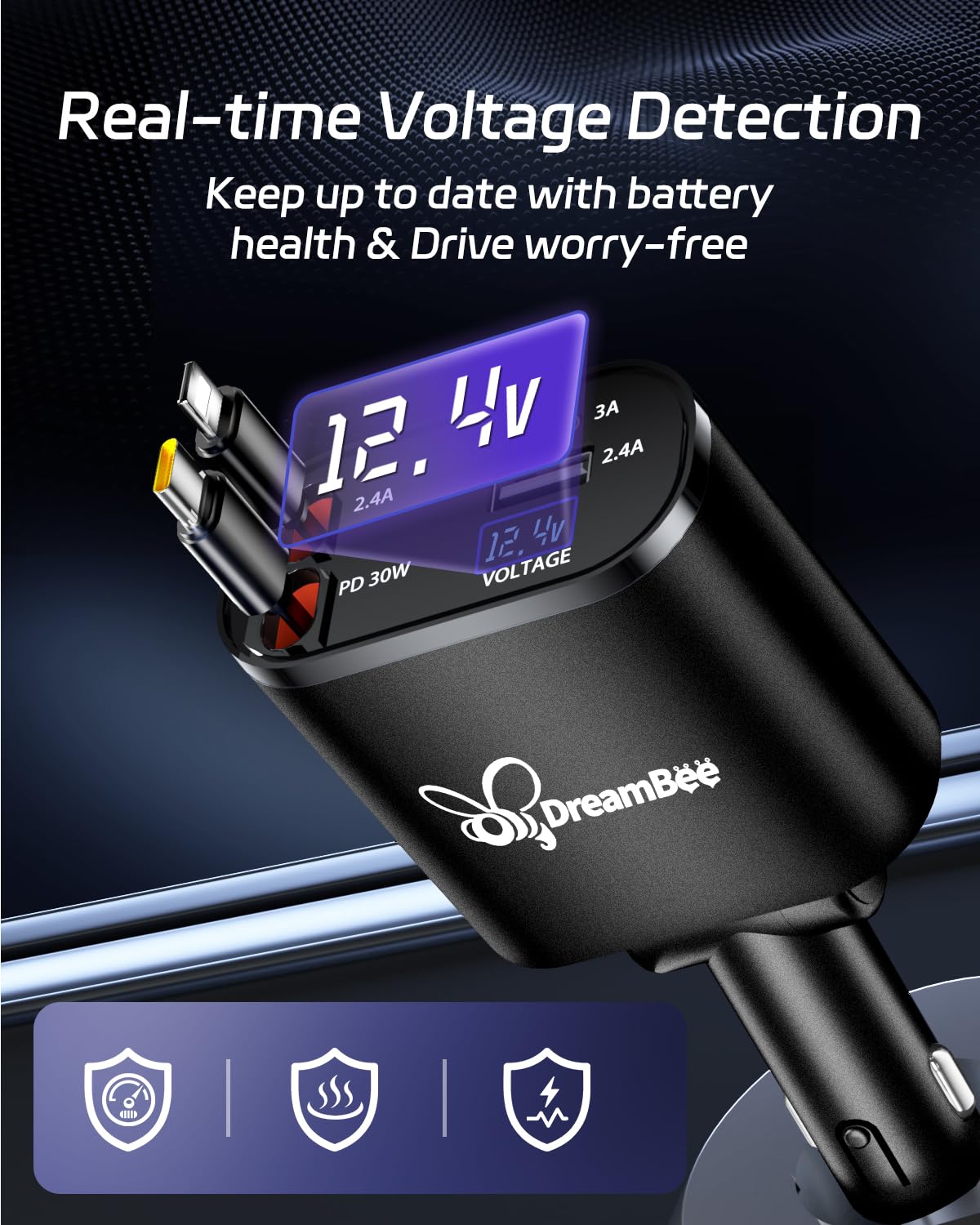 DreamBee Retractable Car Charger,66W 4 in 1 Super Fast Charge Car Phone Charger,Retractable Cables (31.5 inch) and 2 USB Ports Car Charger Adapter for iPhone 15/14/13/12 Pro Max XR,iPad,Samsung-Black