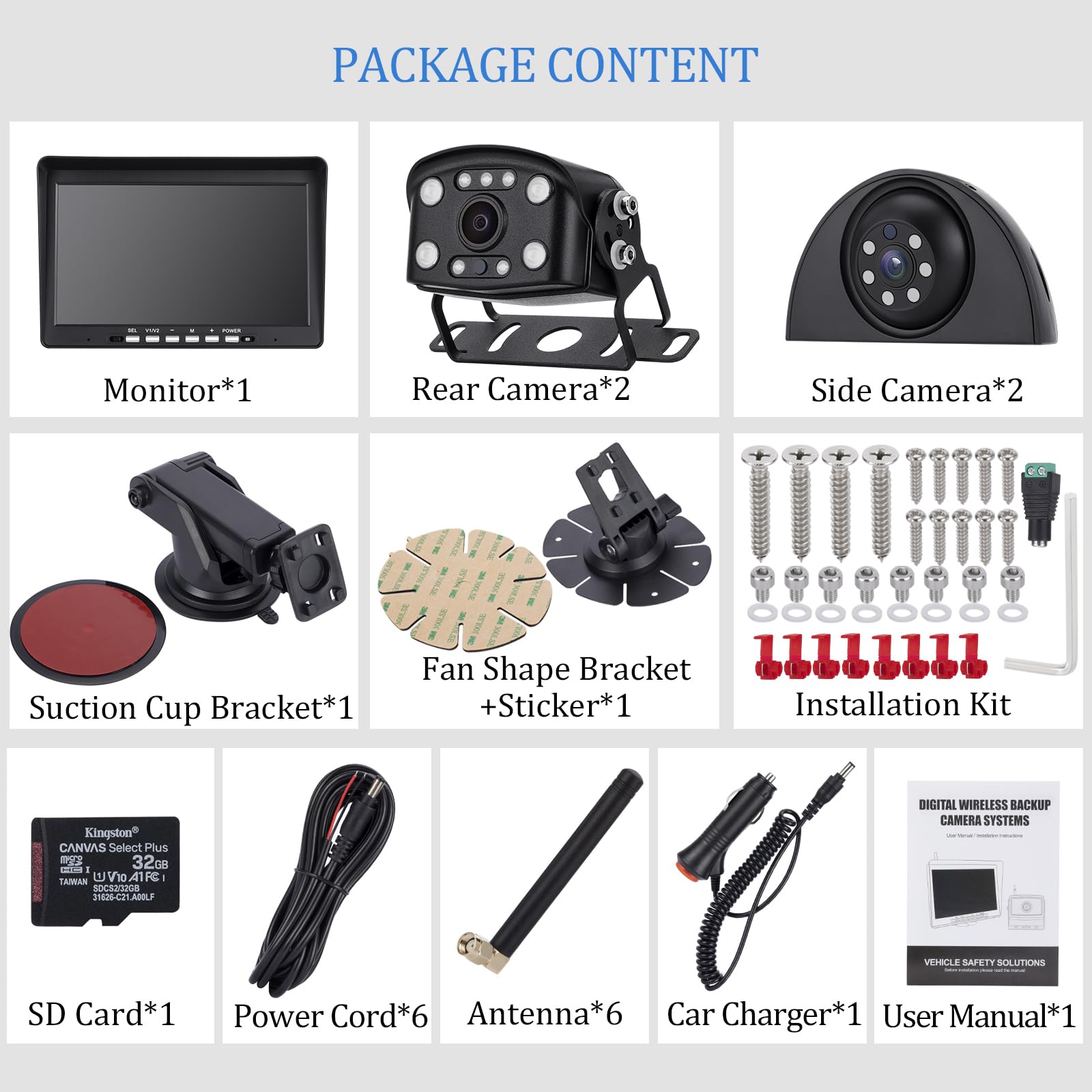 WOOCARTY 10.1" Wireless Backup Camera System, 1080P DVR Recording Monitor, IP68 Waterproof Night Vision Rear Side Cameras for Truck/Trailer/Camper, 32GB SD Card Included
