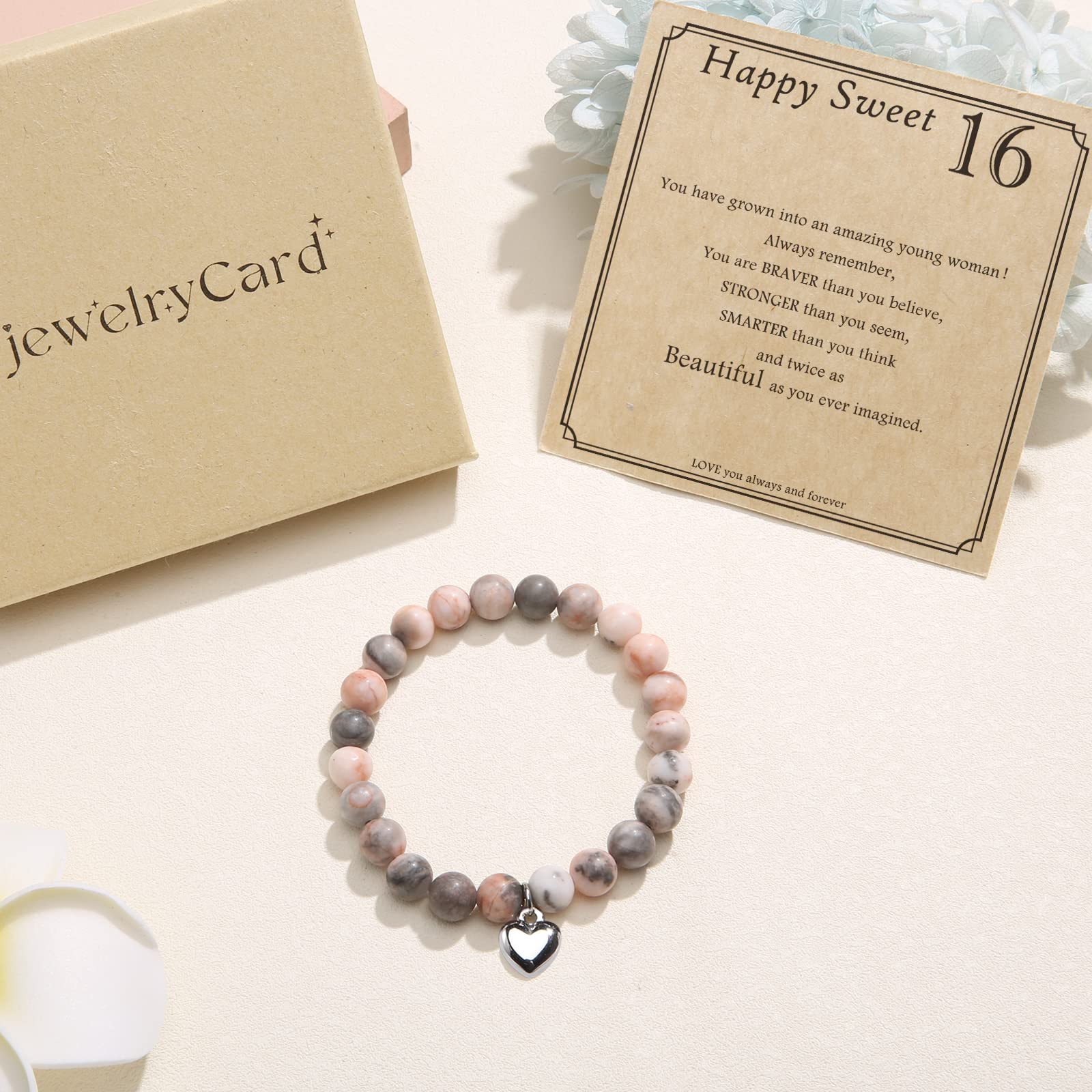 Jewelry&Card Sweet 16 Year Old for Girls, Natural Stone Bracelet 16th Birthday for Daughter Granddaughter Niece Friend Sister