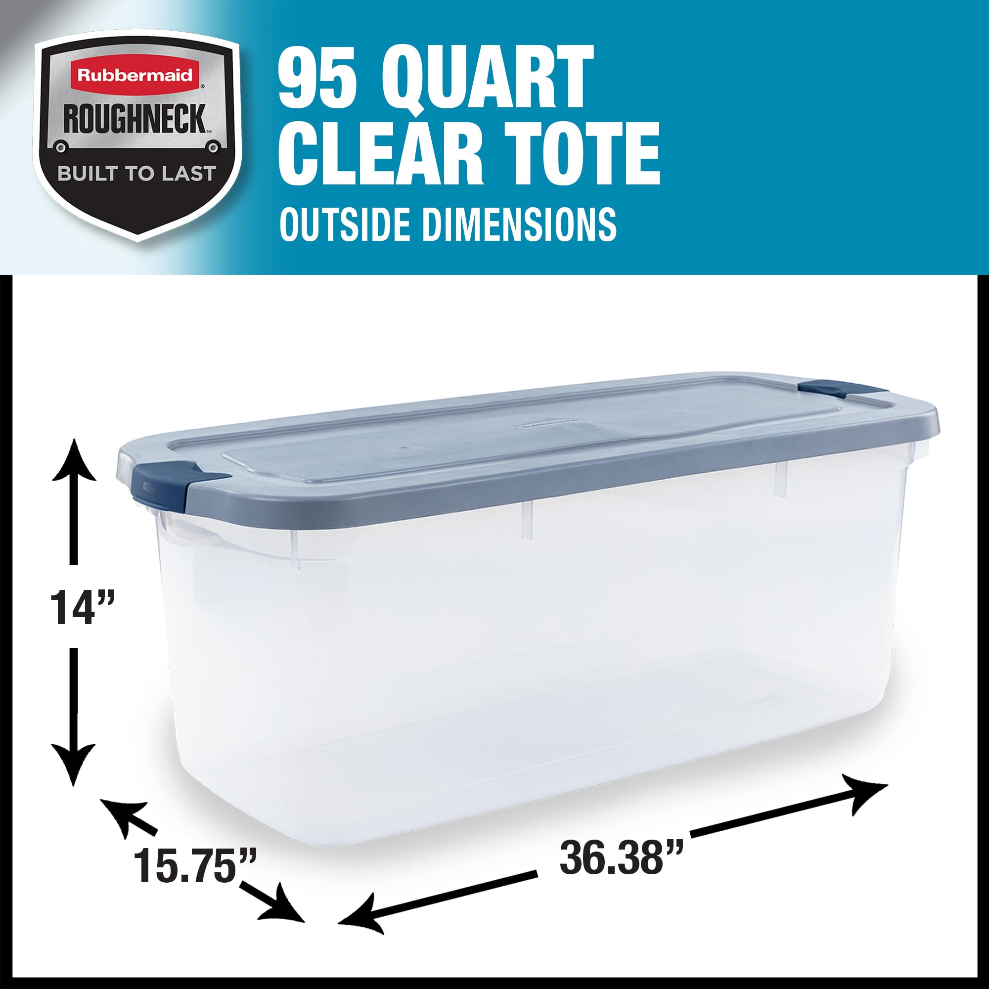 Rubbermaid Roughneck Clear 95 Qt/23.75 Gal Storage Containers, Pack of 4 with Latching Grey Lids, Visible Base, Sturdy and Stackable, Great for Storage and Organization