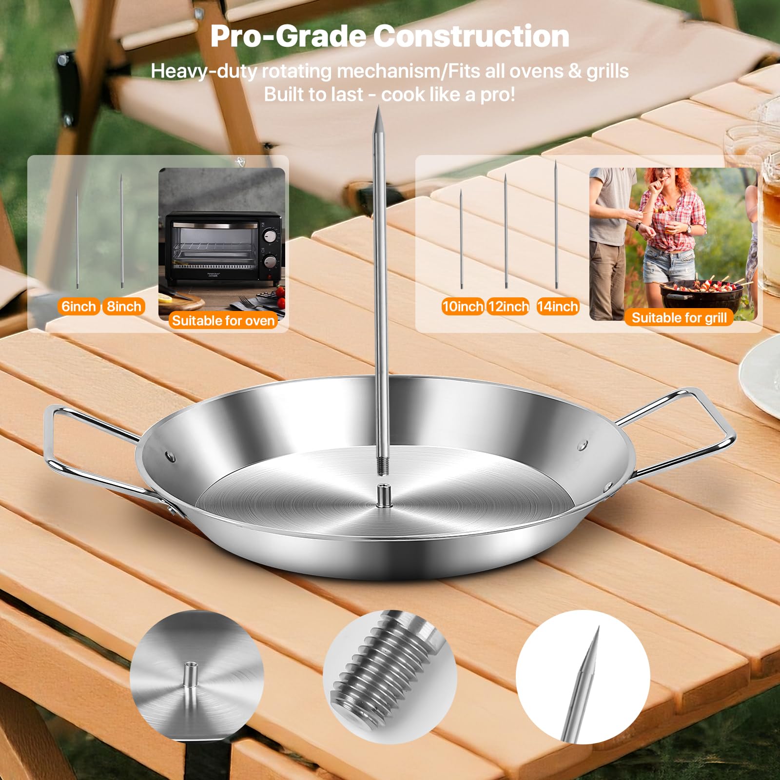 Stainless Steel Shawarma Pan for Oven & Grill - Vertical Skewer with Gyro Plate & 5 Spikes (6"-14") in Middle - Al Pastor Rotisserie for Tacos, Chicken, Pork - Gyro Cooking Pan, Roasting Skewer Stand.