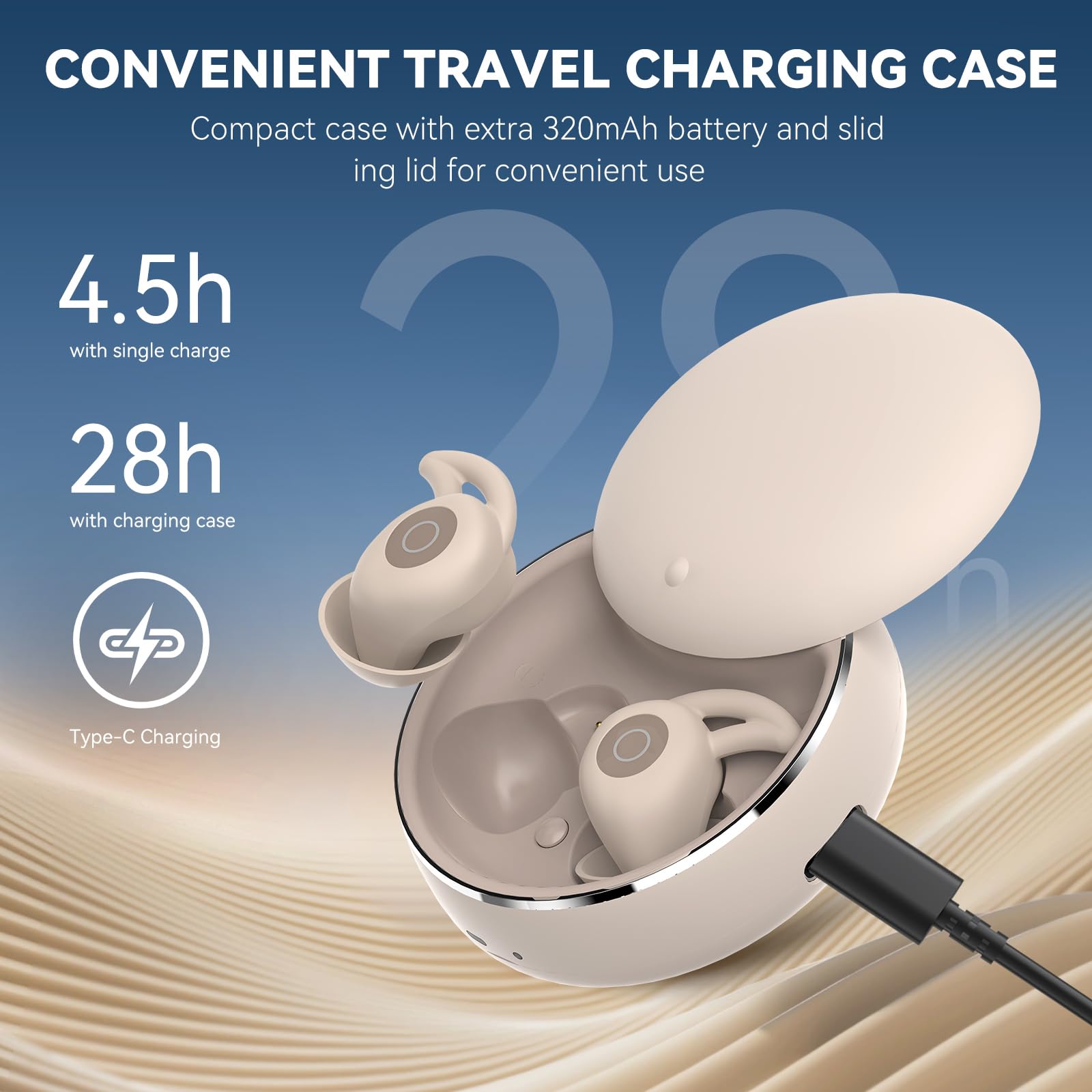 Sleep Earbuds, Bluetooth Sleep Headphones with Noise Reduction, Soft Fit for Side Sleeper, 4.5hr Single Play, 28hr with Case, 0.1oz, 0.35in Thick, Off-White