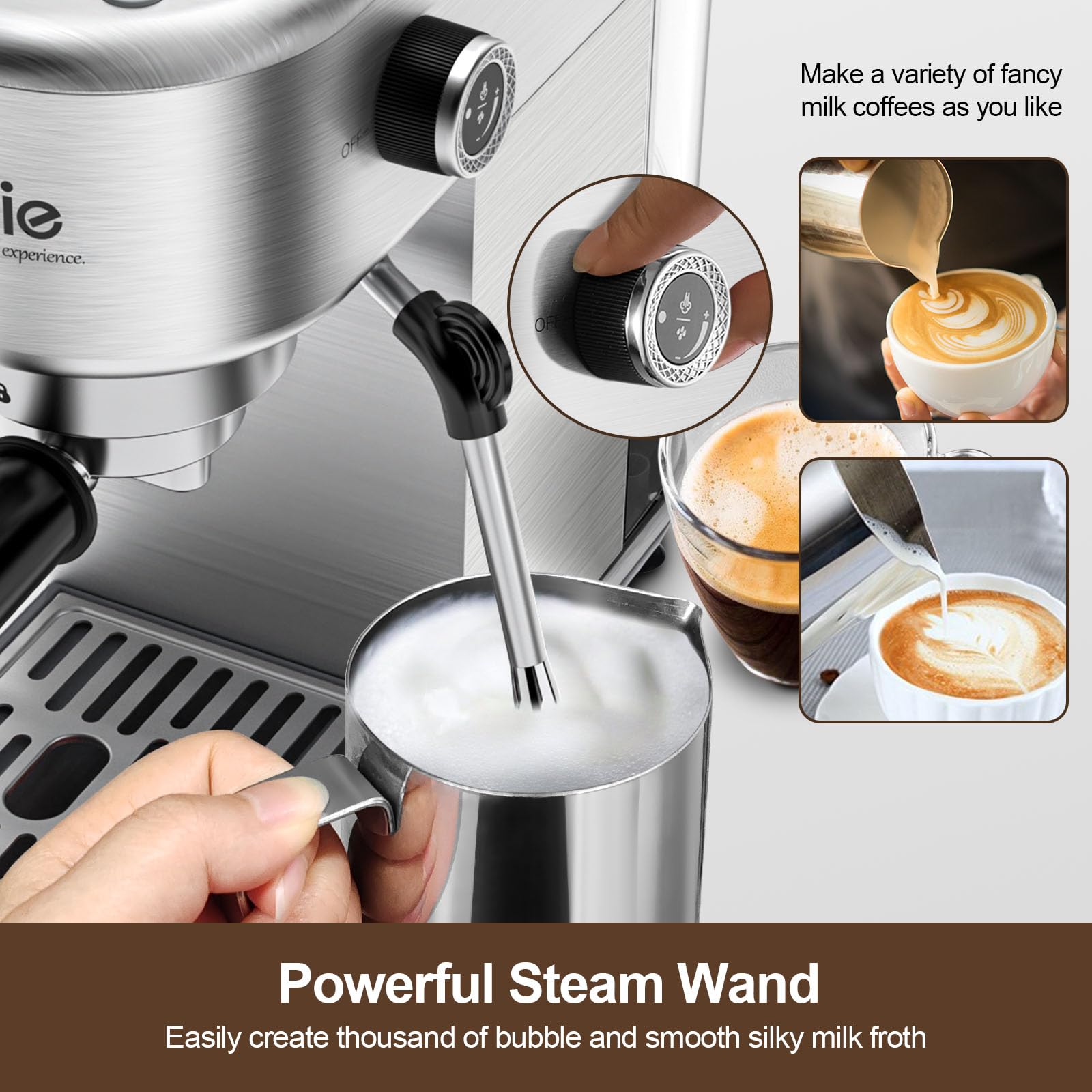 ILAVIE Espresso Coffee Machine for Home 20 Bar, Professional Compact Cappuccino Machine Maker for Latte, with 40oz Detachable Water Tank, 1350W Strong Power, Stainless Steel