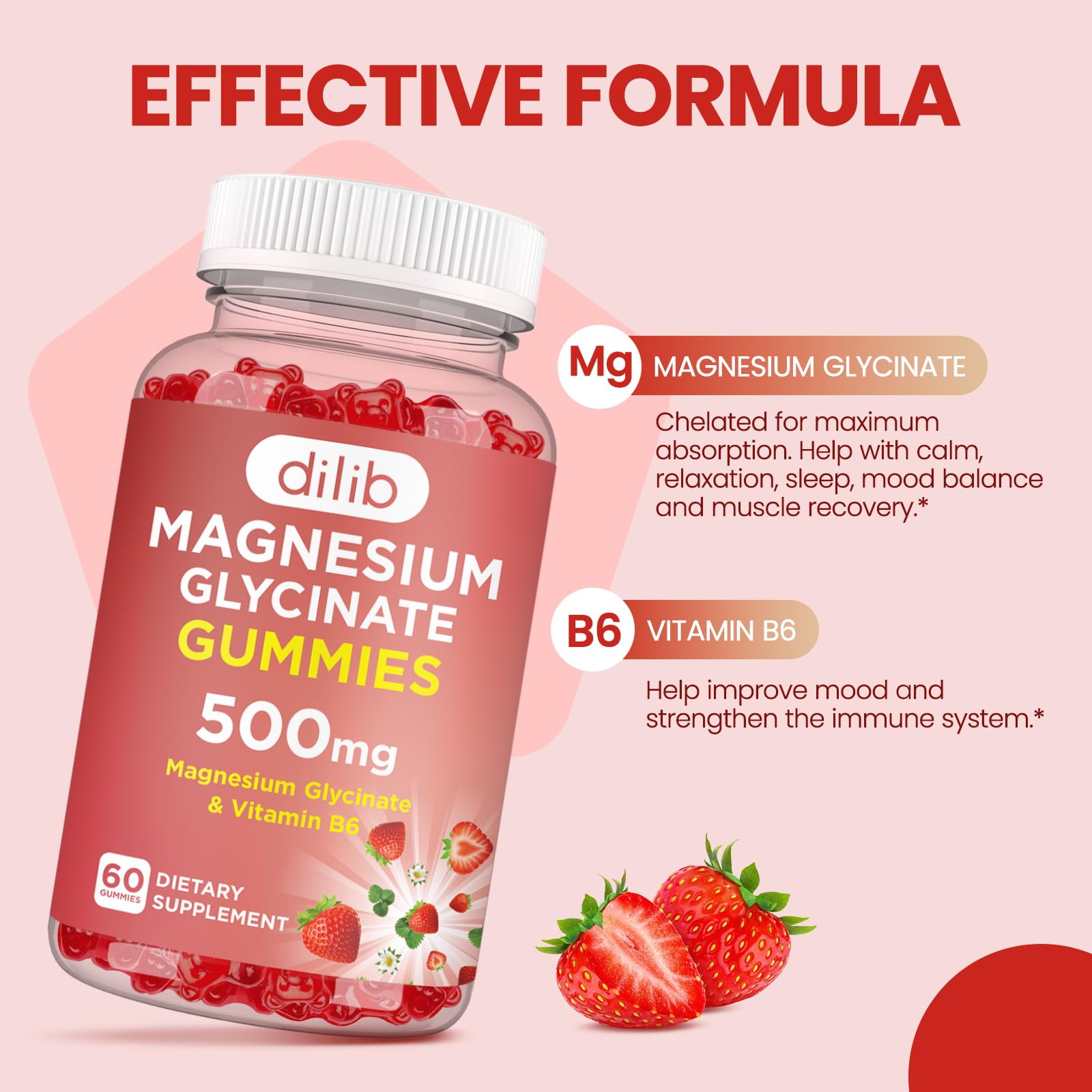 Magnesium Glycinate Gummies 500mg for Adults & Kids Magnesium Supplement with Vitamin B6-Natural Calm Gummies-Calm Mood, Muscle & Sleep Support-Strawberry Flavor, 120 Gummies