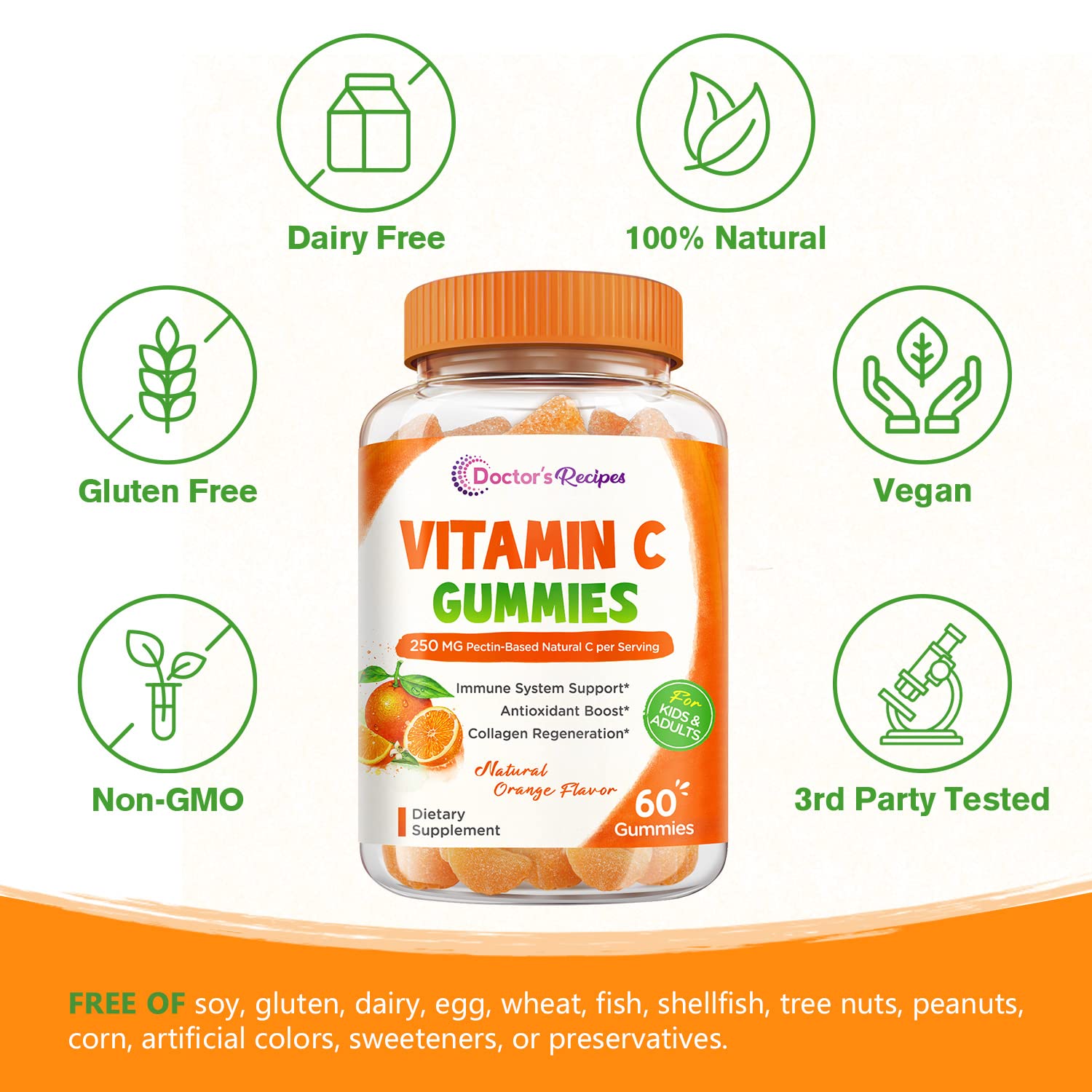 Doctor's Recipes Vitamin C Gummies for Kids & Adults, 250mg per Serving, Immune Support, No High Fructose Corn Syrup No Gelatin, 60 Pectin Gummies, Natural Orange Flavor